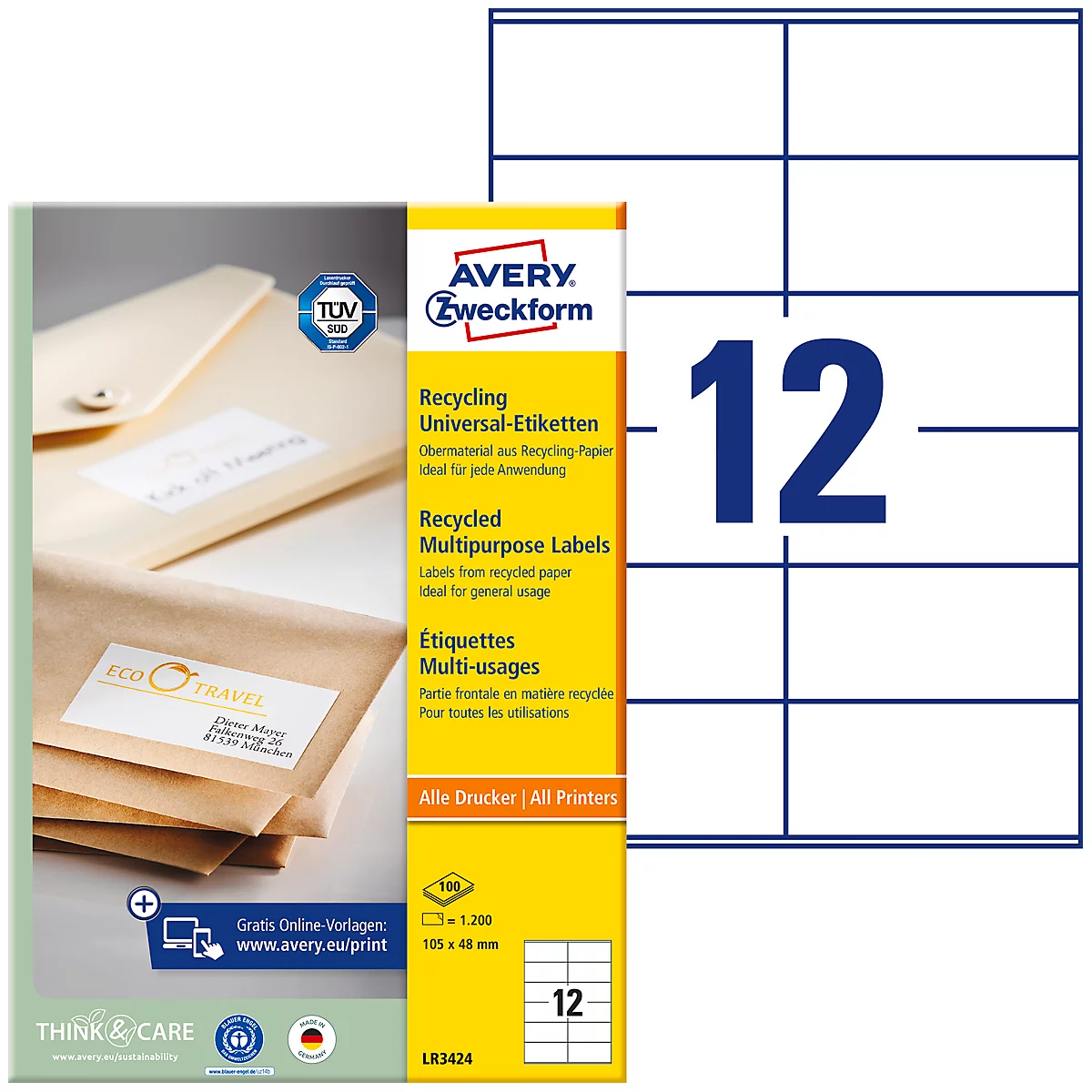 Avery® Zweckform Etiketten LR3424, A4, universell, permanenthaftend, druckergeeignet, Recycling-Papier, rechteckig, naturweiß, 1200 Stück auf 100 Bogen