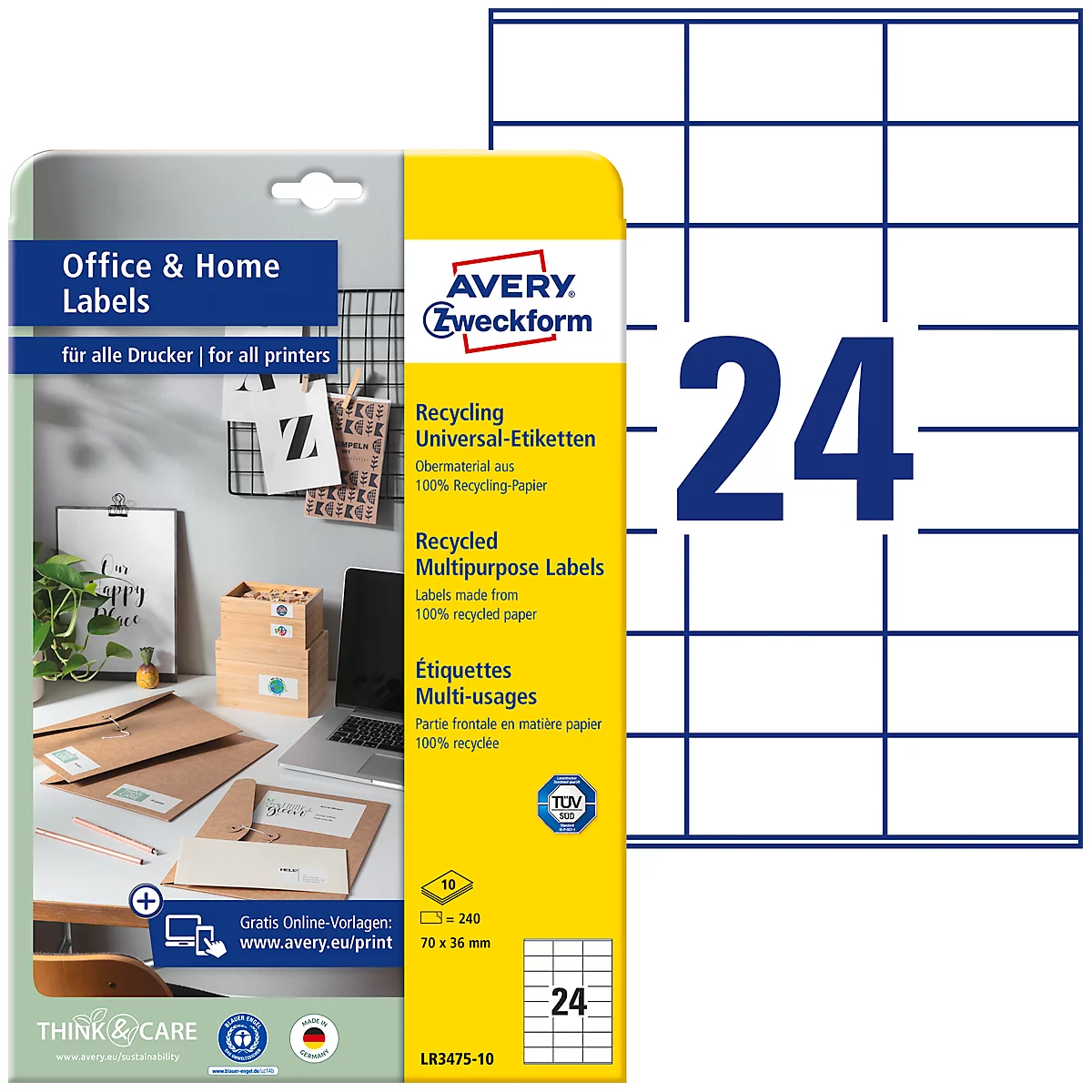 Avery® Zweckform Etiketten LR3475-10, A4, universeel, permanente kleefstof, printer-veilig, gerecycled papier, rechthoekig, natuurlijk wit, 240 stuks op 10 vel
