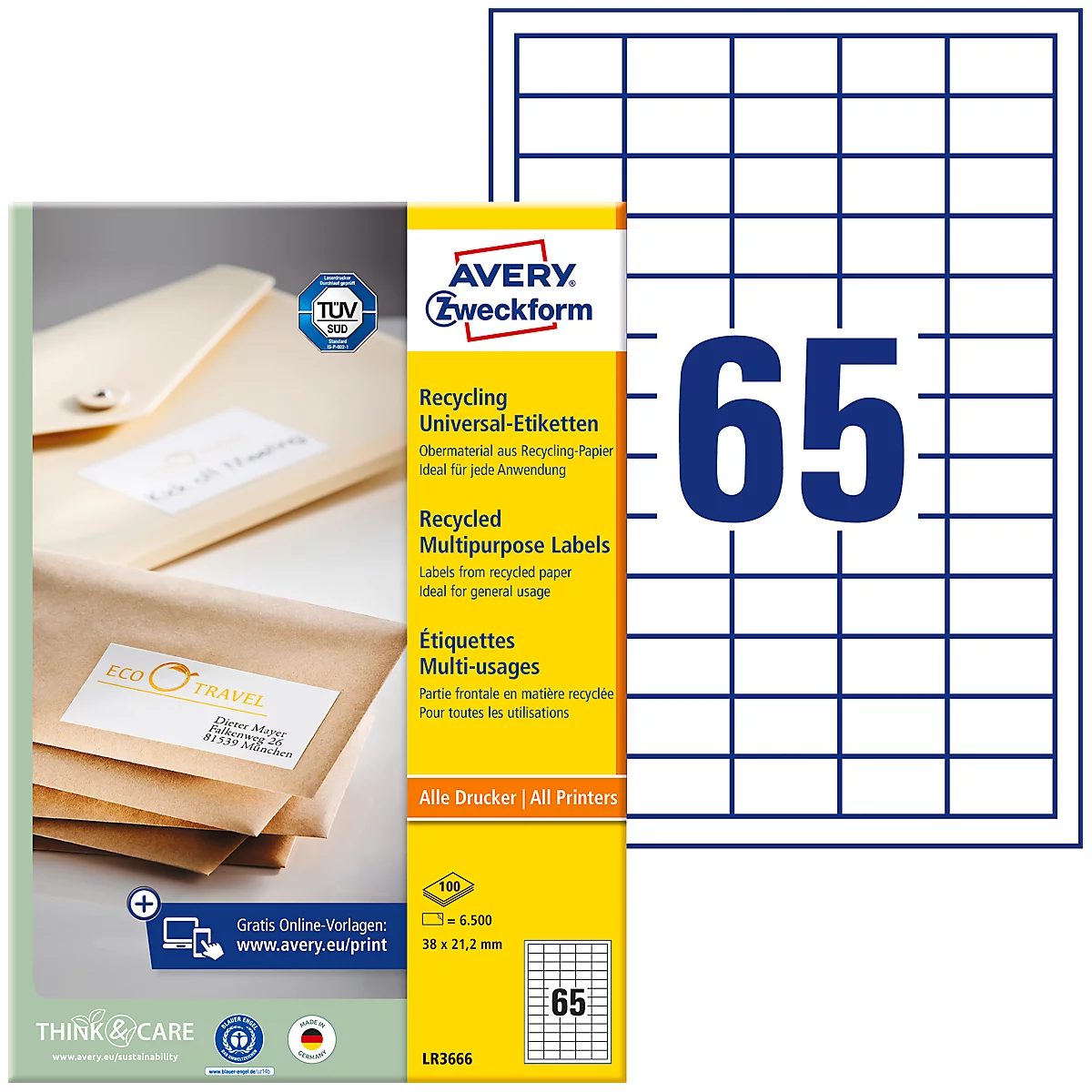 Avery® Zweckform Etiketten LR3666, A4, universell, permanenthaftend, druckergeeignet, Recycling-Papier, rechteckig, naturweiß, 6500 Stück auf 100 Bogen