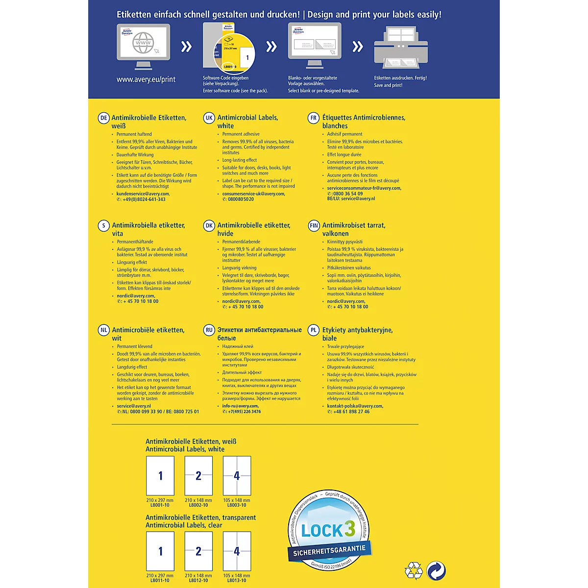Avery Zweckform etiketten serie L8001-10, antimicrobieel, bestand tegen desinfecterende middelen, voor laserprinters, 210 x 297 mm, 10 stuks/10 A4-vellen, folie, wit