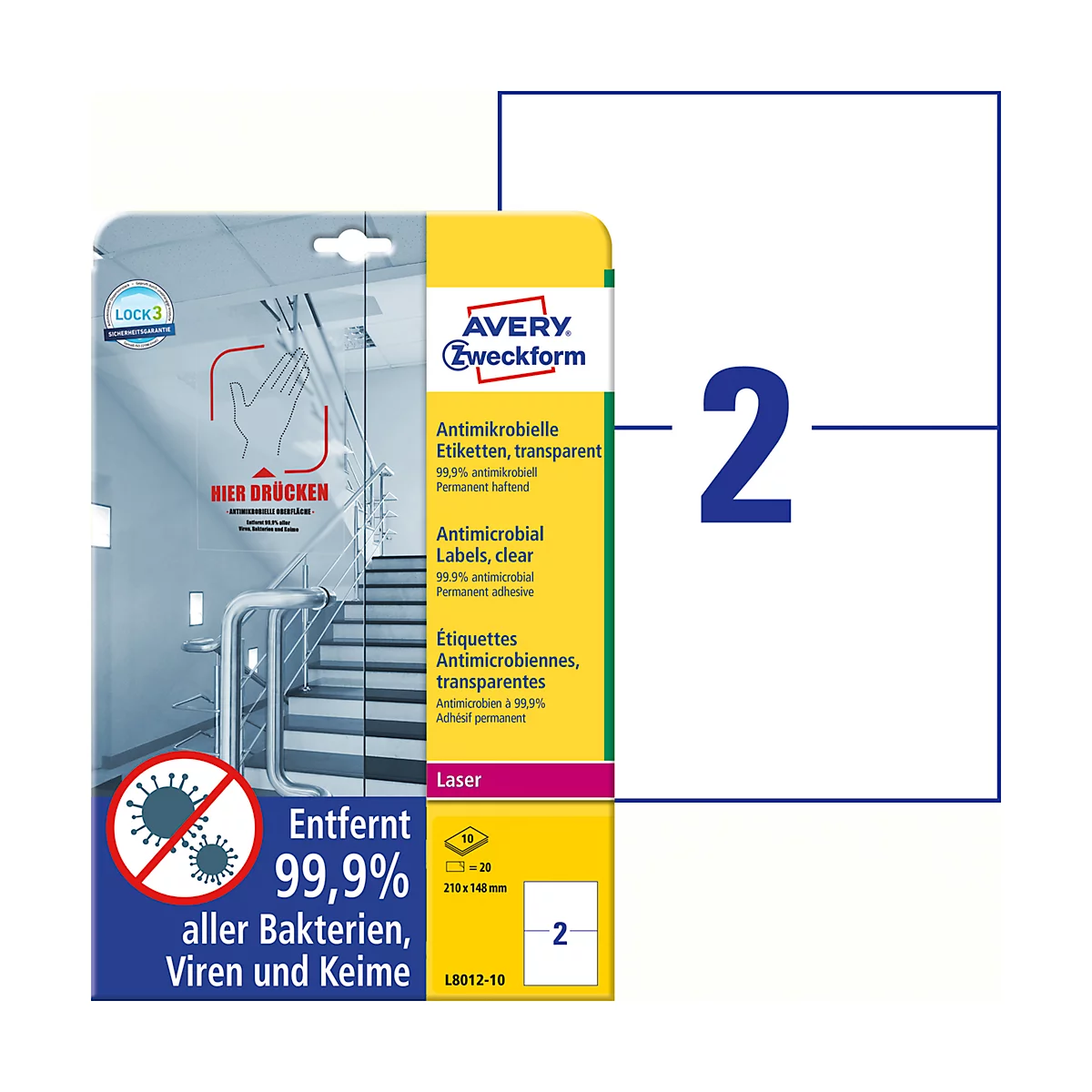 Avery Zweckform Etiketten Serie L8012-10, antimikrobiell, desinfektionsmittelbeständig, für Laserdrucker, 210 x 148 mm, 20 Stück/10 A4-Bogen, Folie, transparent