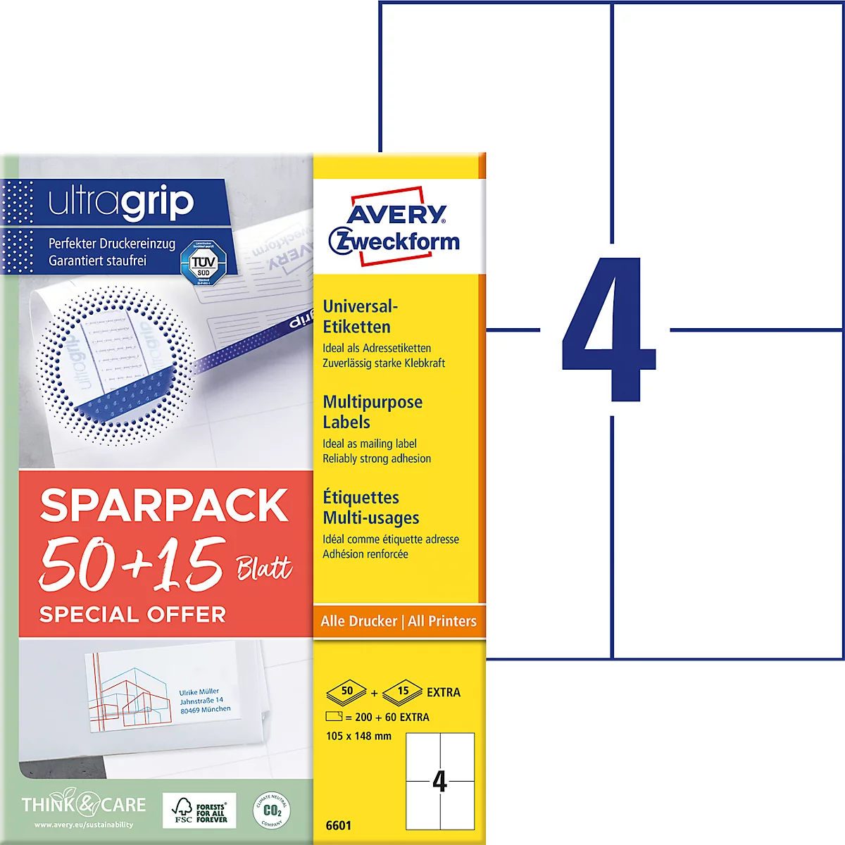 Avery Zweckform Étiquettes 6601, universelles, ultragrip, adaptées aux imprimantes jet d'encre &amp; laser, 105 x 148 mm, 260 pièces/65 feuilles A4, papier FSC®, blanc
