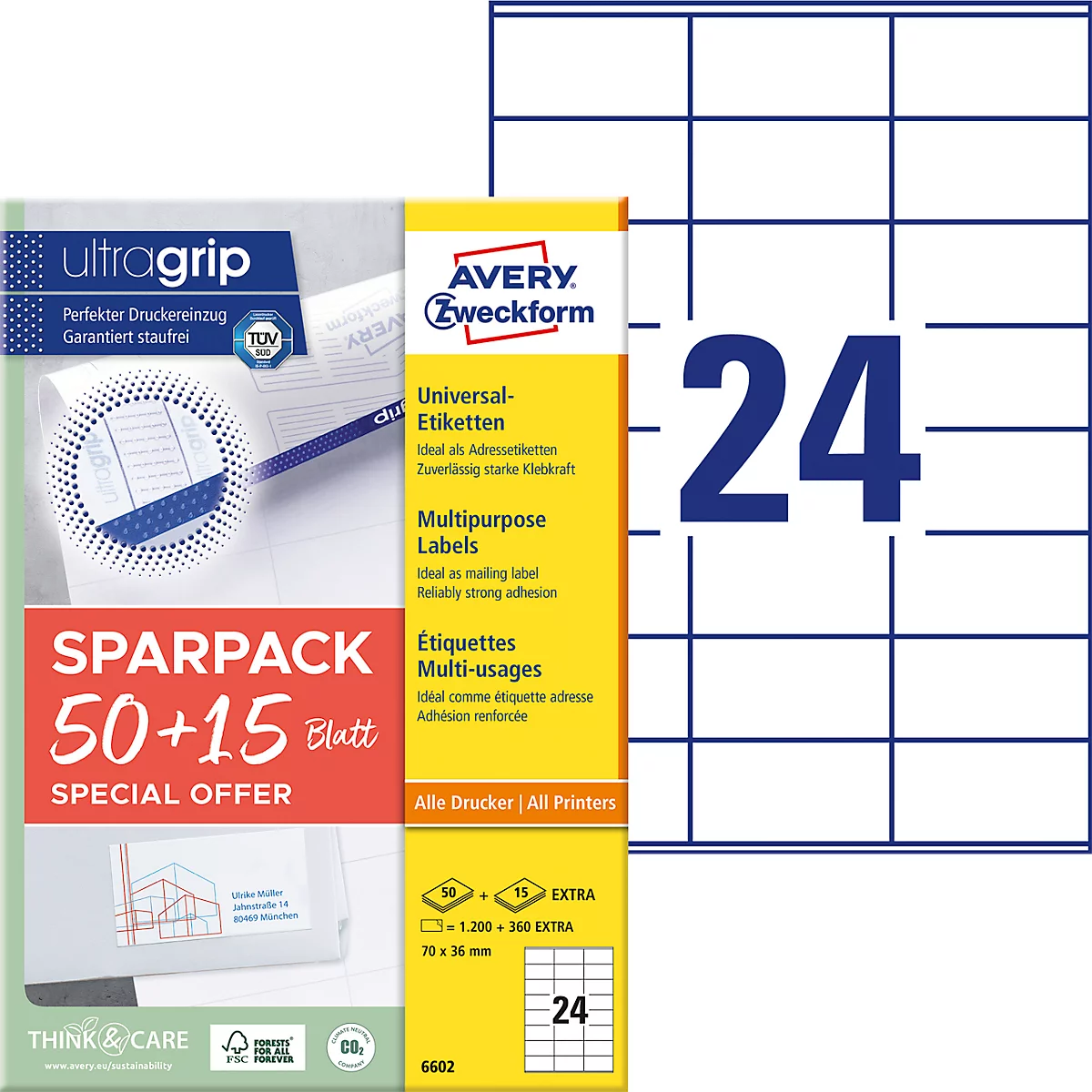 Avery Zweckform Étiquettes 6602, universelles, ultragrip, adaptées aux imprimantes jet d'encre &amp; laser, 70 x 36 mm, 1560 pièces/65 feuilles A4, papier FSC®, blanc