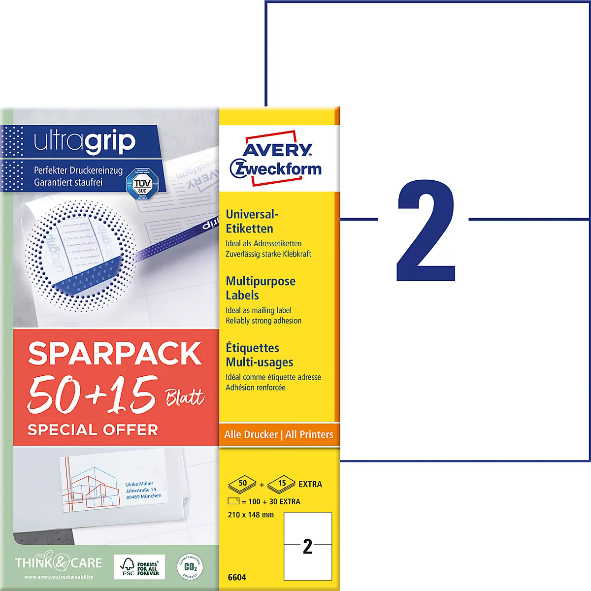 Avery Zweckform Étiquettes 6604, universelles, ultragrip, convient pour imprimantes jet d'encre &amp; laser, 210 x 148 mm, 130 pièces/65 feuilles A4, papier FSC®, blanc