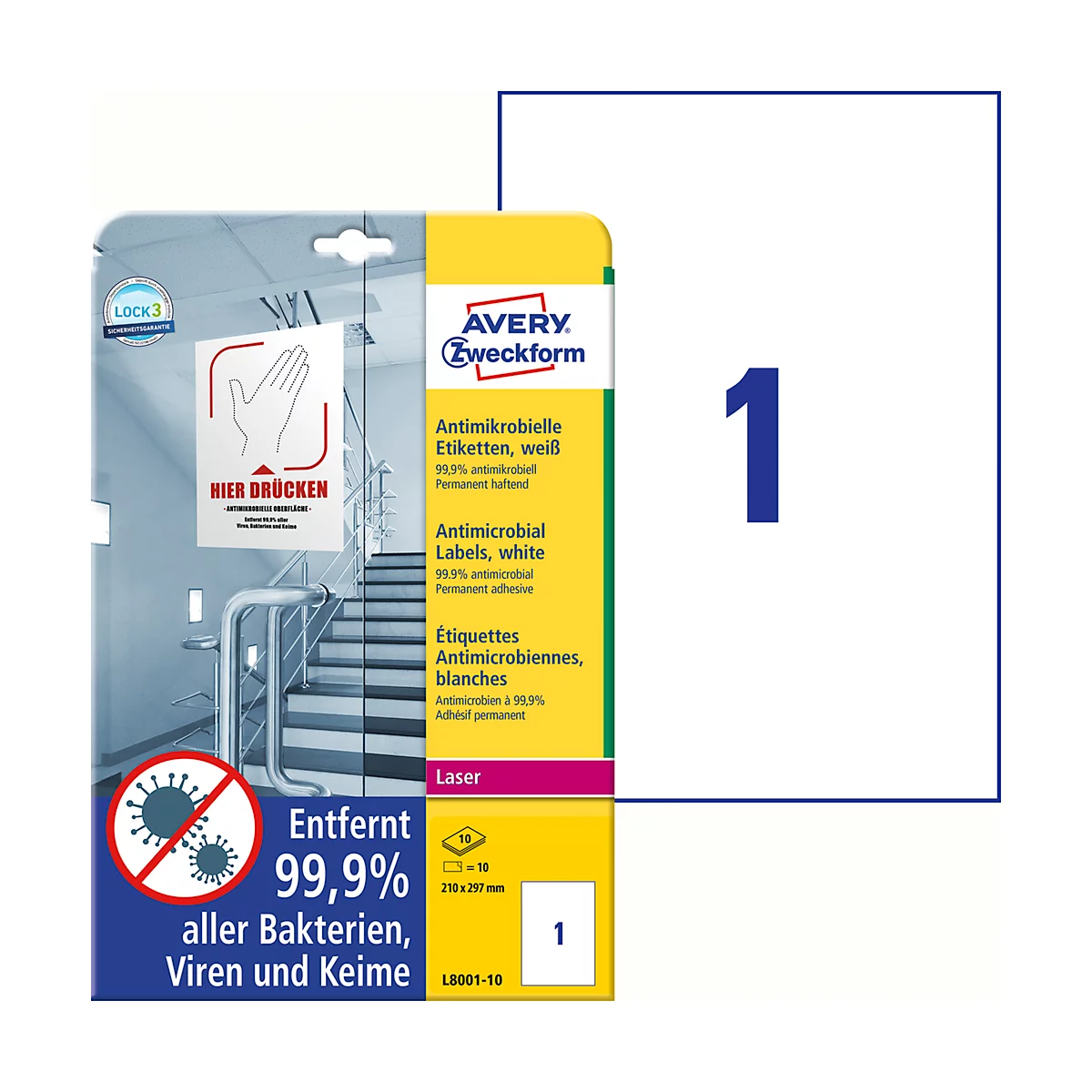 Emballage d'étiquettes antimicrobiennes Avery. Imprimé avec des informations sur l'élimination des bactéries et l'impression laser.