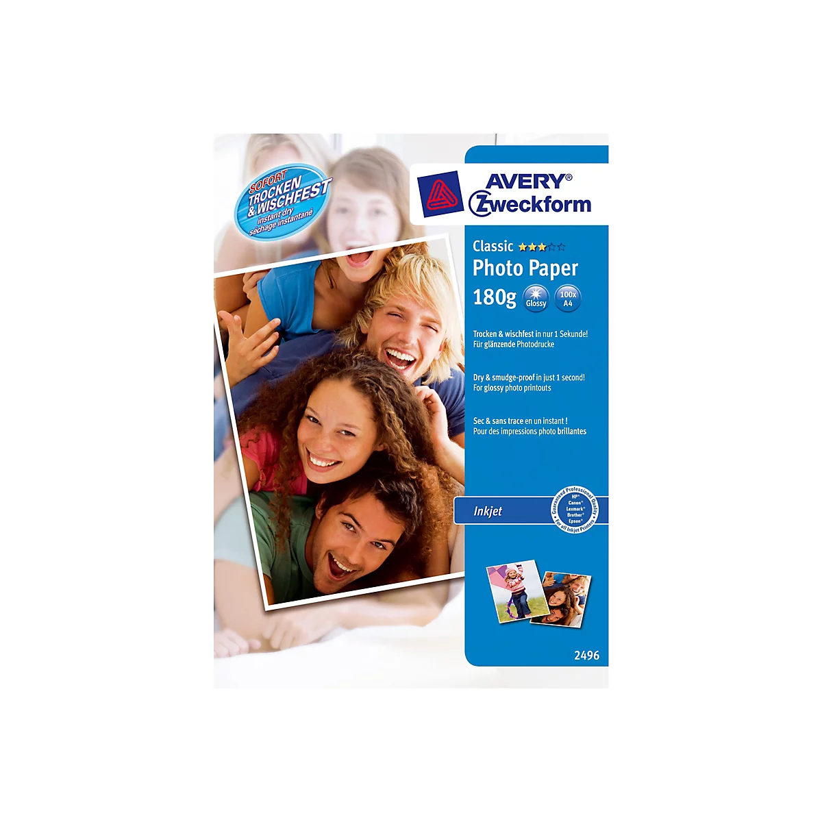 Produktverpackung von Avery Zweckform Fotopapier, 180g, glänzend, A4, mit lachenden jungen Leuten auf dem Bild.