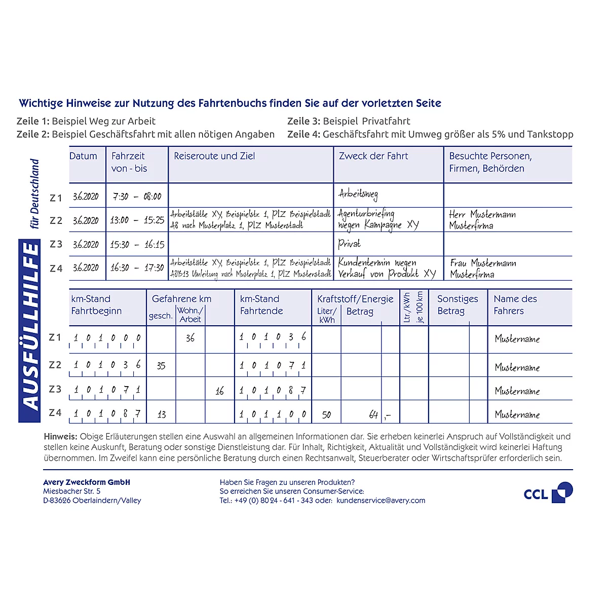 Avery® Zweckform Fahrtenbuch 1221, voor auto's, A6 liggend, afwerkhulp/ totaaloverzicht/jaaropgave, Blauwe Engel, wit, 32 vel voor 310 ritten