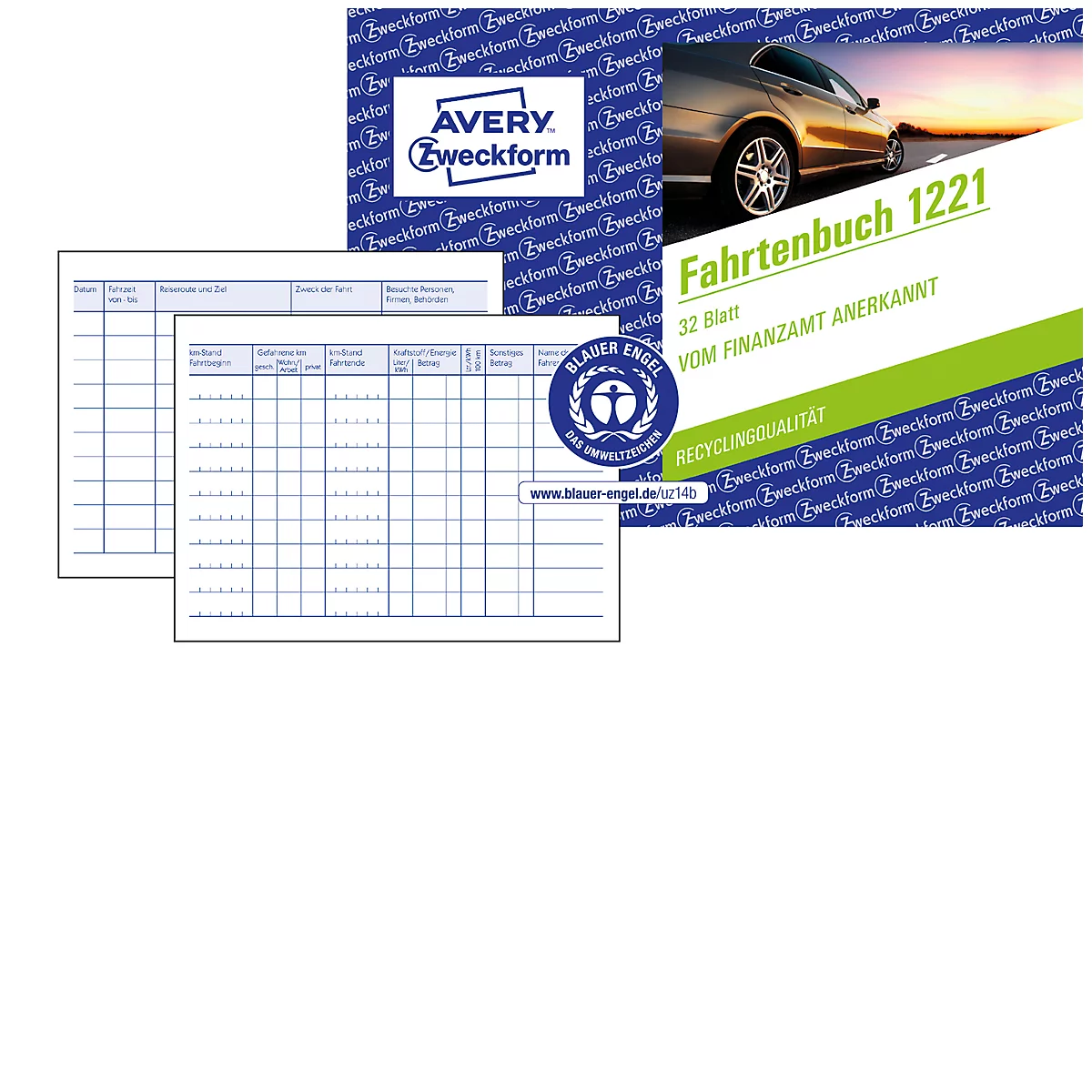 Avery® Zweckform Fahrtenbuch 1221, voor auto's, A6 liggend, afwerkhulp/ totaaloverzicht/jaaropgave, Blauwe Engel, wit, 32 vel voor 310 ritten
