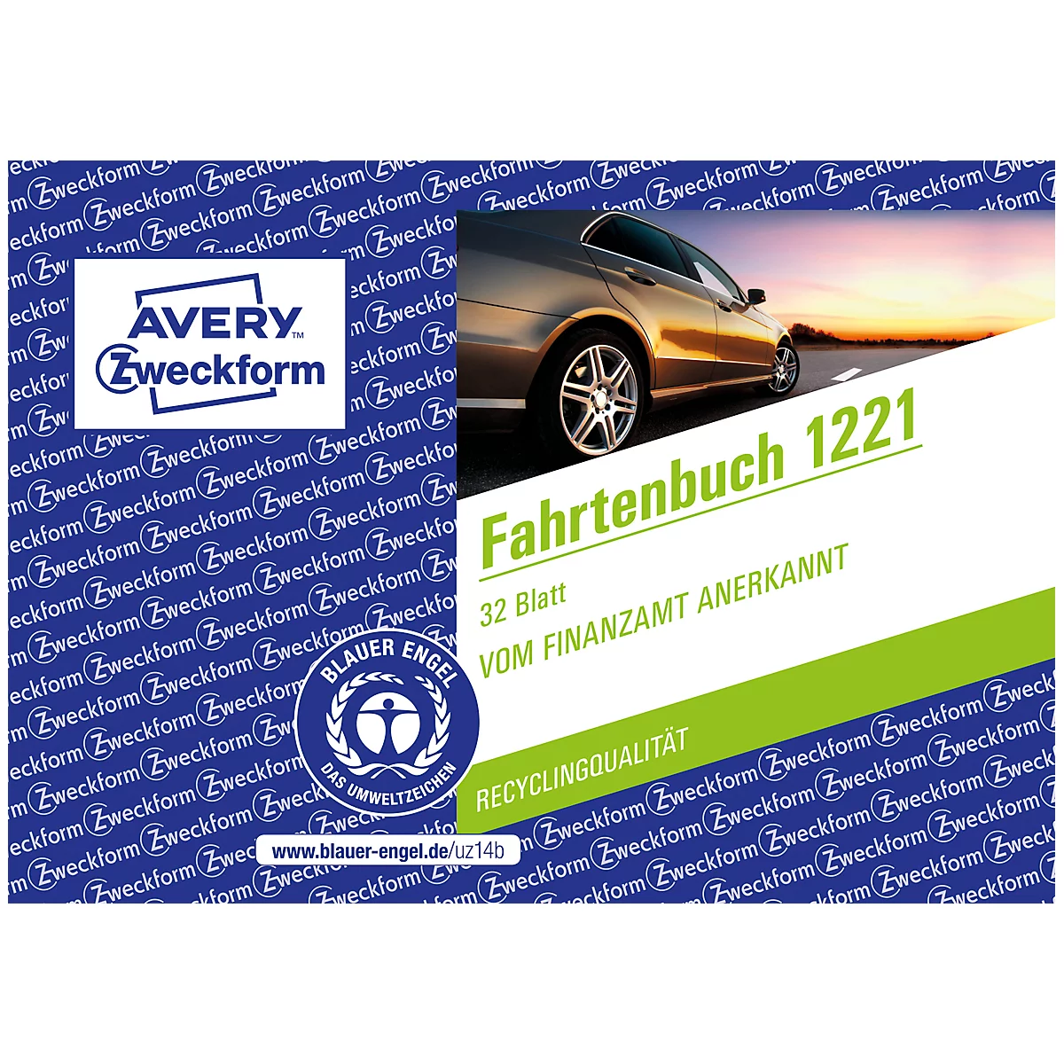 Avery® Zweckform Fahrtenbuch 1221, voor auto's, A6 liggend, afwerkhulp/ totaaloverzicht/jaaropgave, Blauwe Engel, wit, 32 vel voor 310 ritten
