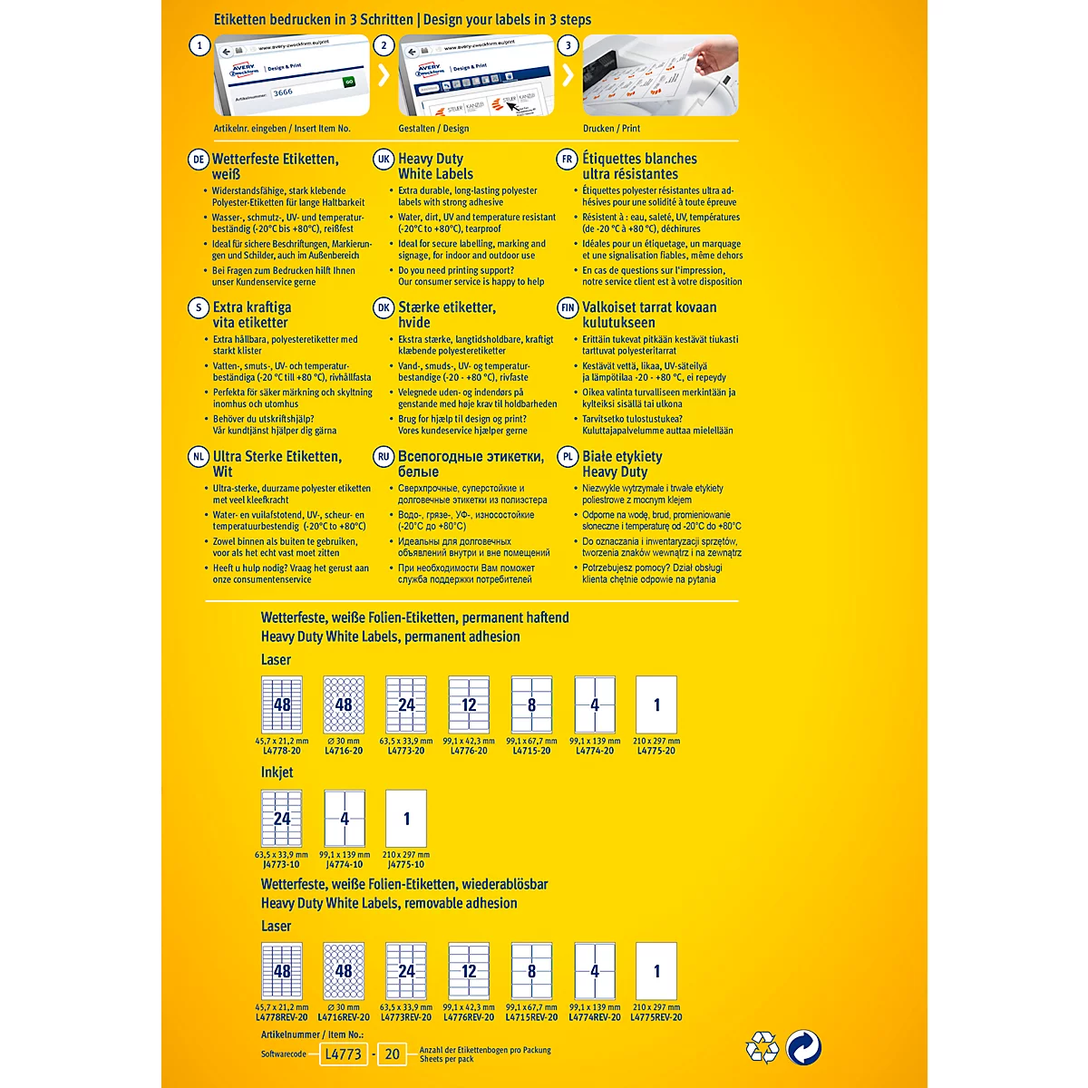 Yellow information graphic about labels. Several label types with product features and application examples.