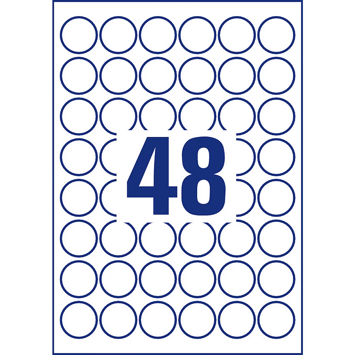 Sheet of 48 white, round labels with a blue border. In the center is the blue number 48.