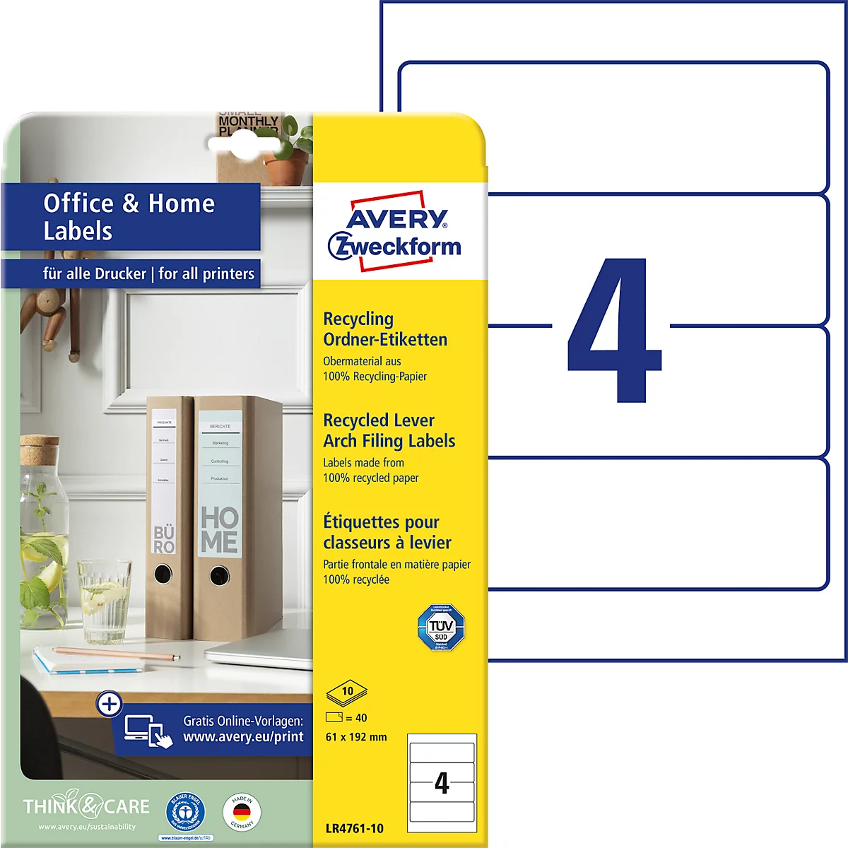 Avery® Zweckform Folder Etiketten LR4761, voor brede mappen (kort), printer-veilig, gerecycled papier, rechthoekig, natuurlijk wit, 40 stuks op 10 vel