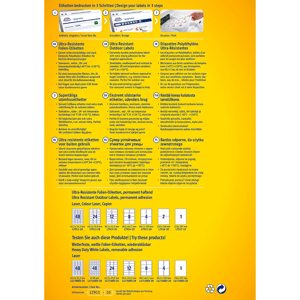 Avery Zweckform folie-etiketten L7915-10, ultra resistent, H 99,1 x b 139 mm, 40 st.