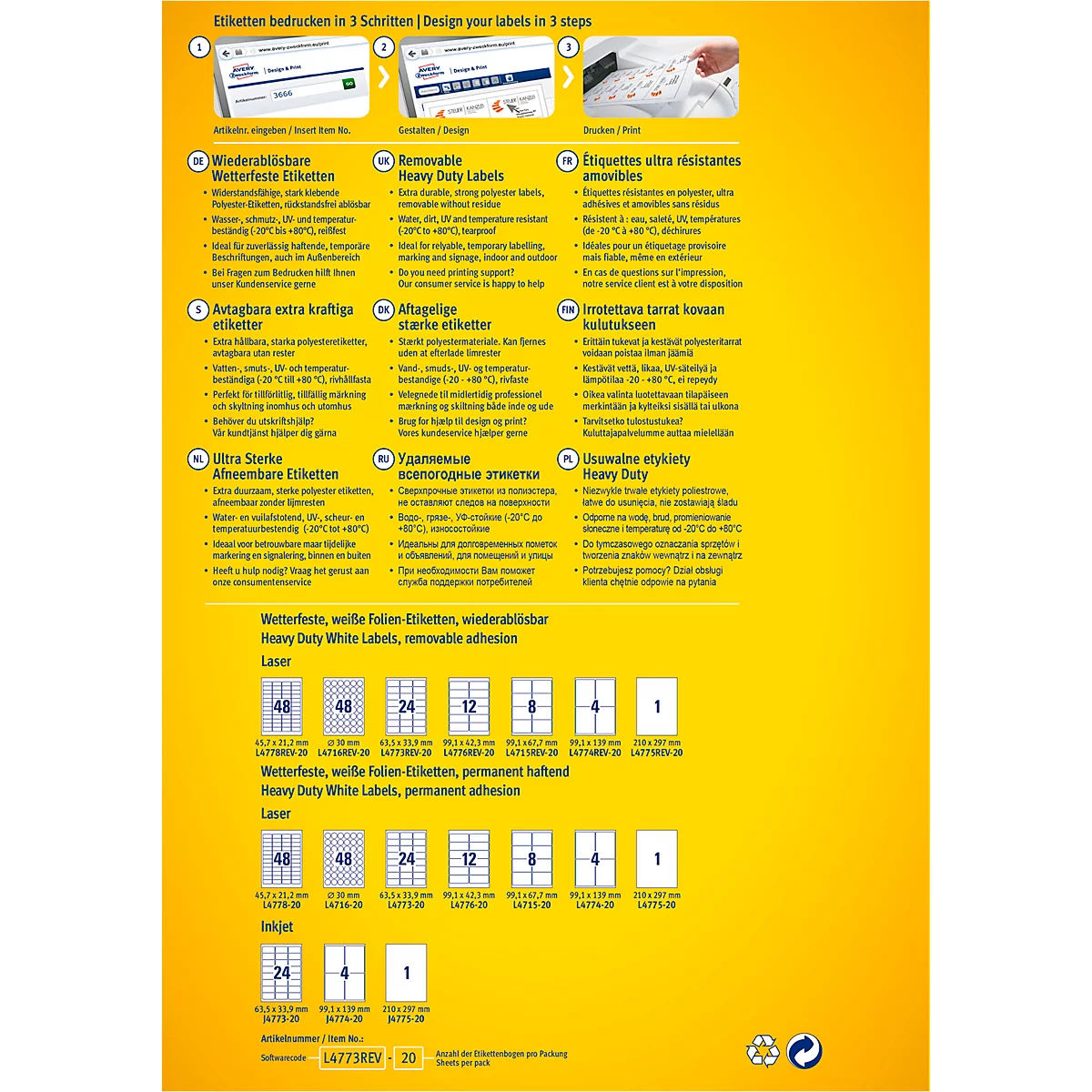 Avery Zweckform folie-etiketten, weerbestendig, verwijderbaar, 70 x 37 mm