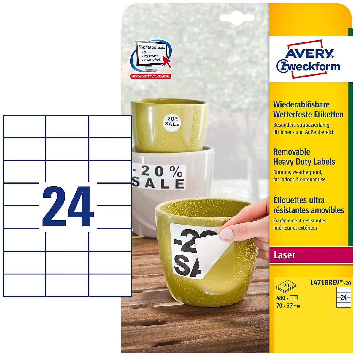 Avery Zweckform folie-etiketten, weerbestendig, verwijderbaar, 70 x 37 mm