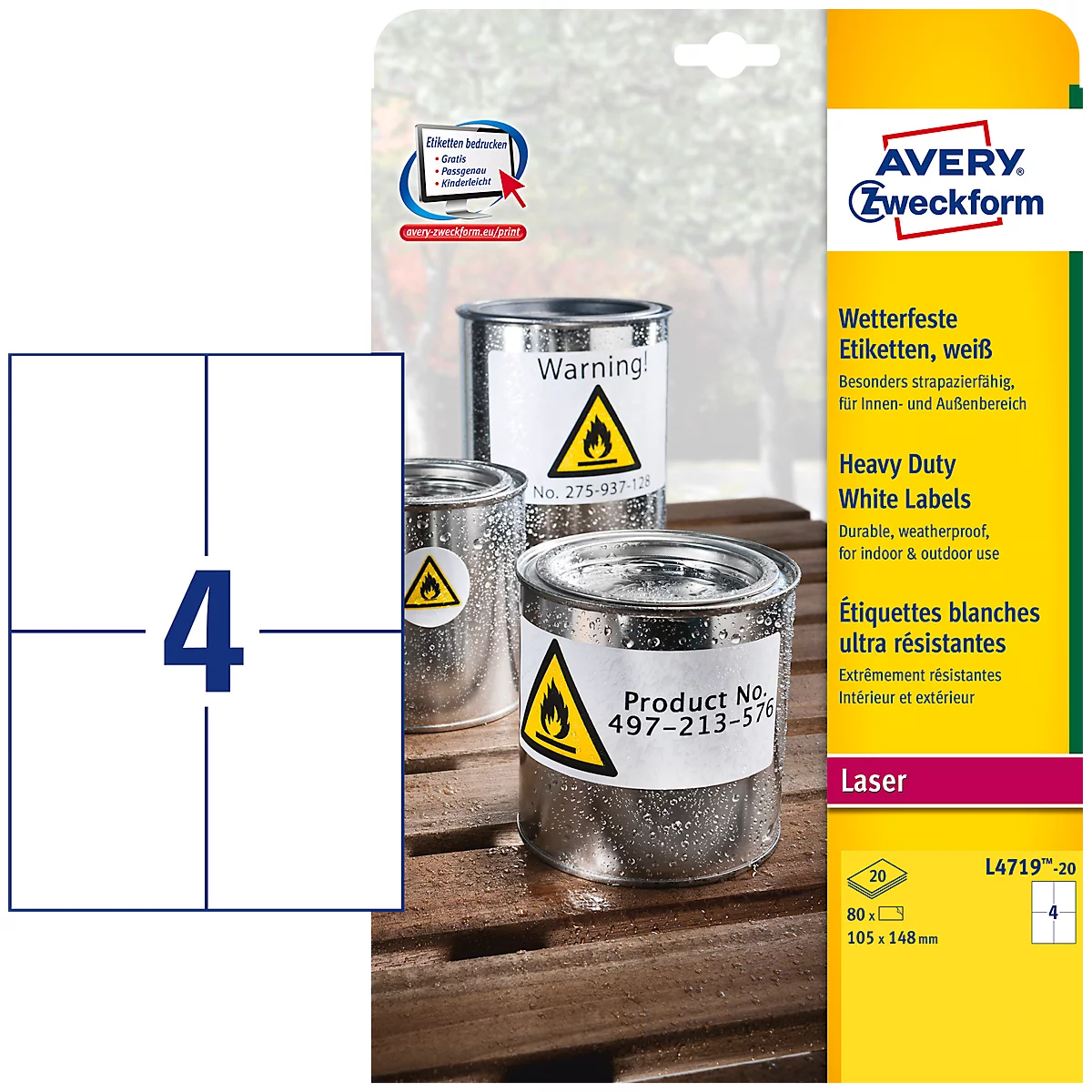 Avery Zweckform folie-etiketten, weerbestendig, voor binnen- en buitengebruik, 105 x 148 mm