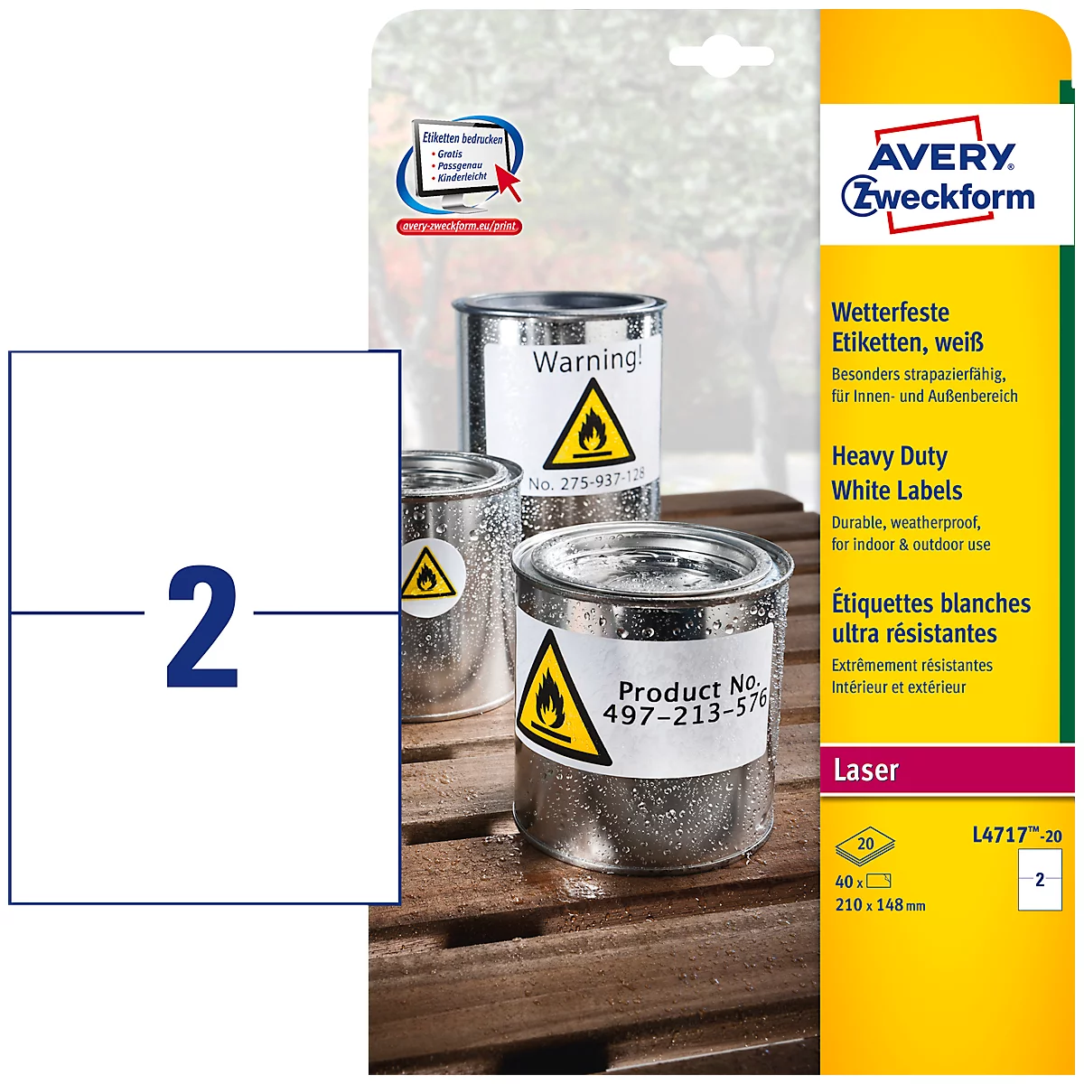 Avery Zweckform folie-etiketten, weerbestendig, voor binnen- en buitengebruik, 210 x 148 mm