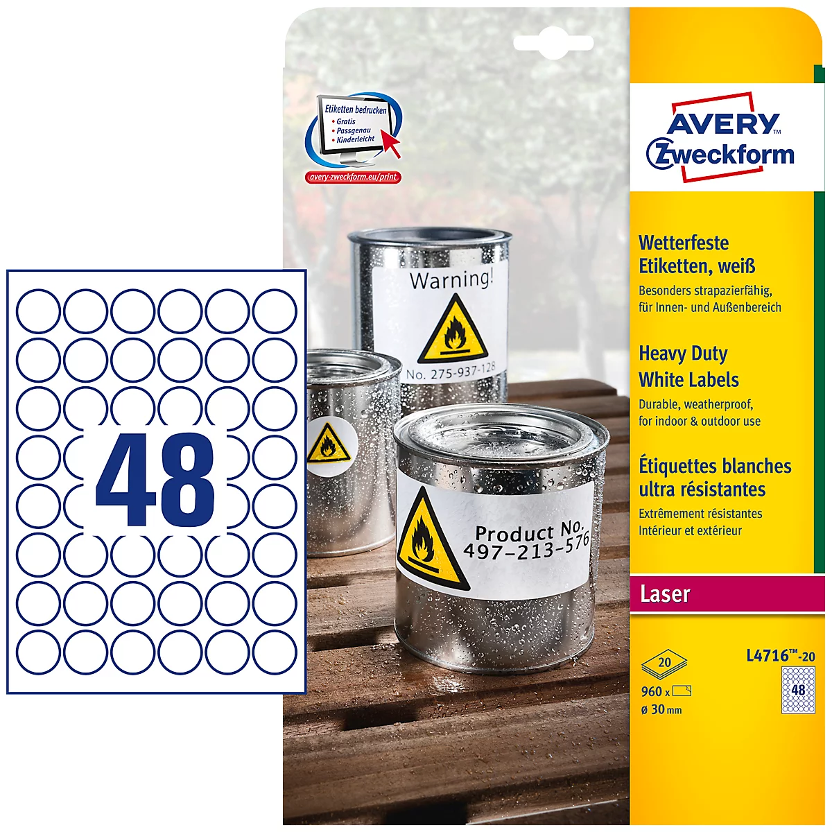 Avery Zweckform folie-etiketten, weerbestendig, voor binnen- en buitengebruik, 30 x 30 mm