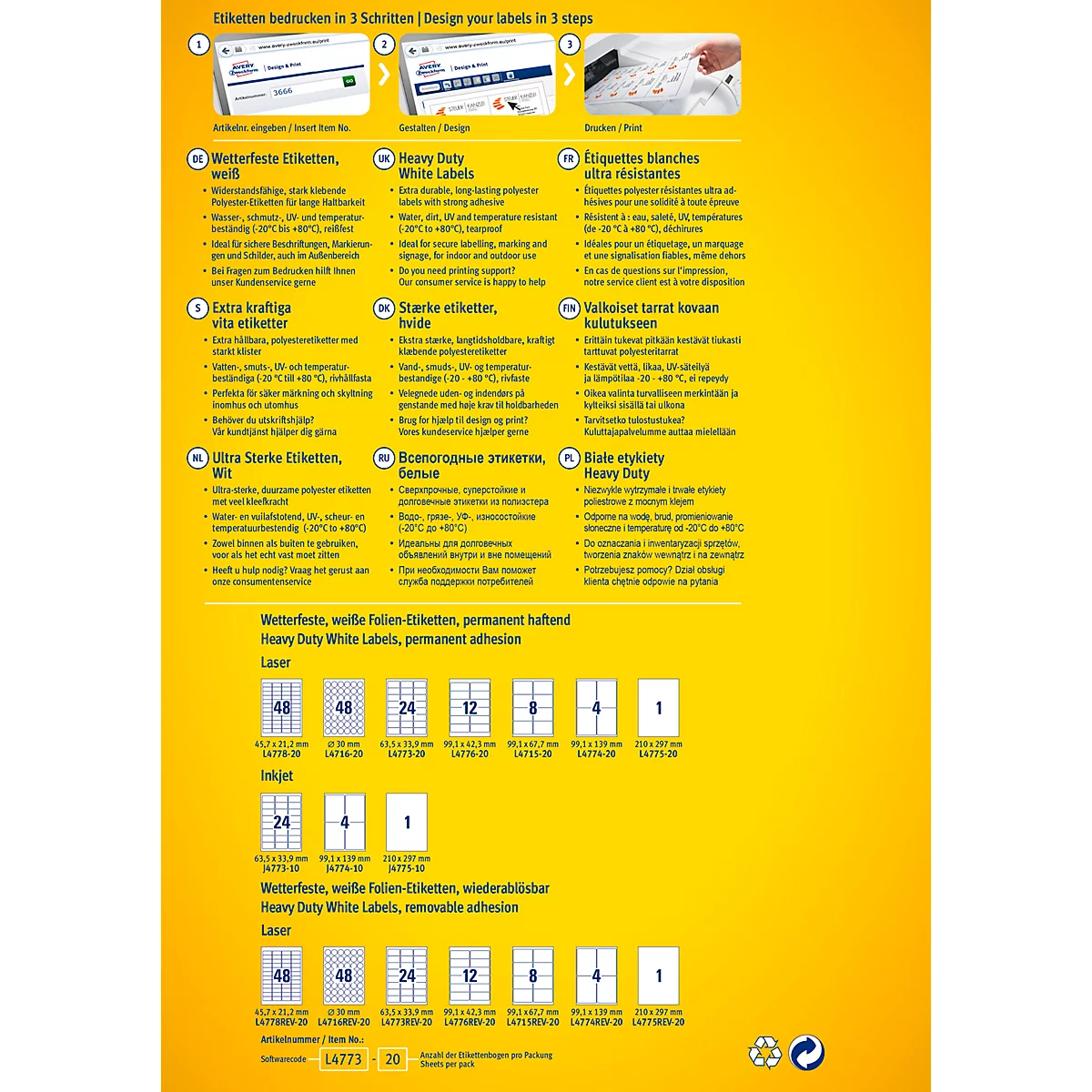 Avery Zweckform folie-etiketten, weerbestendig, voor binnen- en buitengebruik, 70 x 37 mm