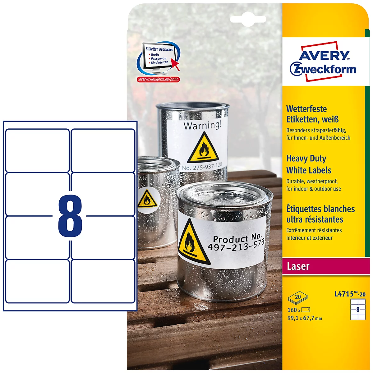 Avery Zweckform folie-etiketten, weerbestendig, voor binnen- en buitengebruik, 99,1 x 67,7 mm