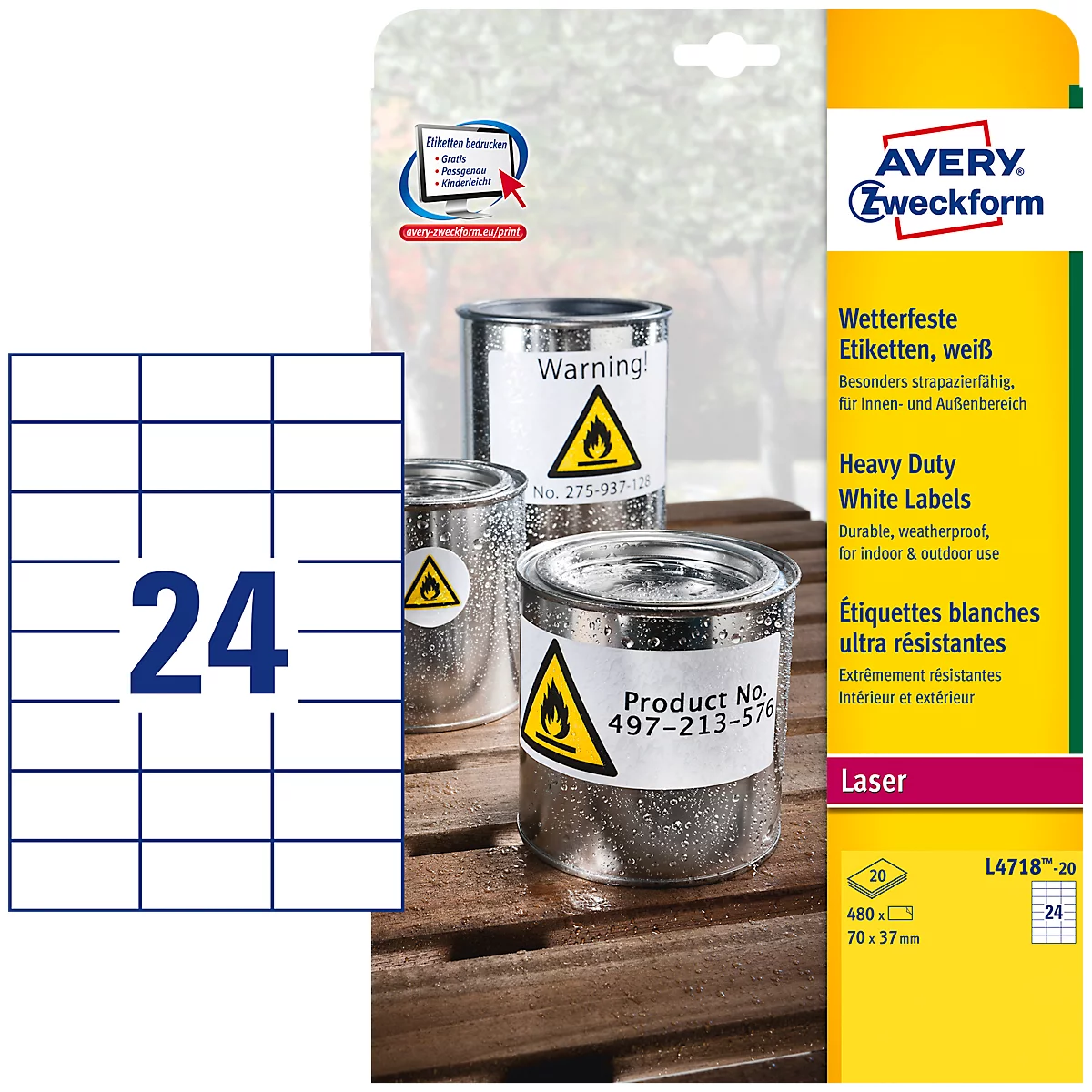 Avery Zweckform Folien-Etiketten, wetterfest, für Innen- und Aussenbereich, 70 x 37 mm