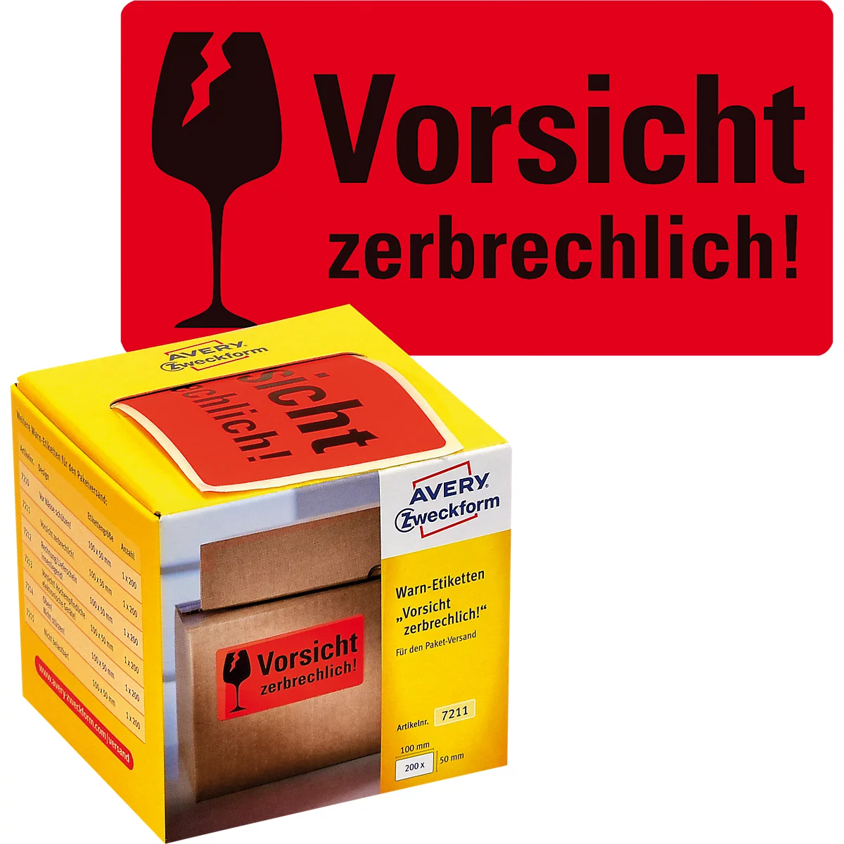 Yellow box with red label "Handle with care fragile!". Above is a red warning sign with a broken glass.