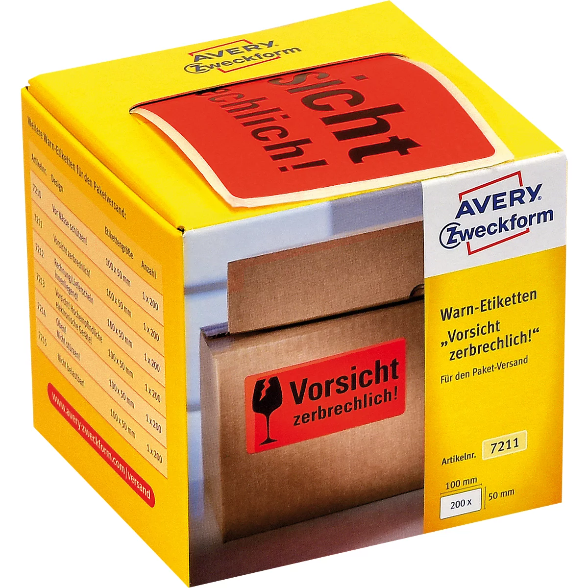 Yellow packaging with red "Fragile" labels from Avery Zweckform. Product illustration.