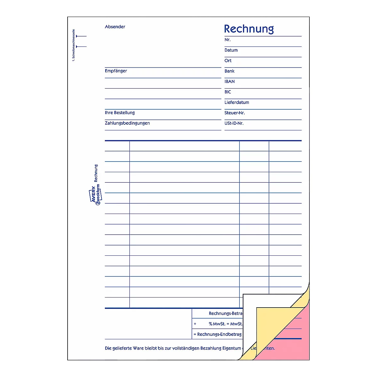 A blank, grid-lined invoice form with a blue border and headings such as 'Invoice' and 'Sender'. Data fields are on the right, the AVERY Zweckform logo on the left.