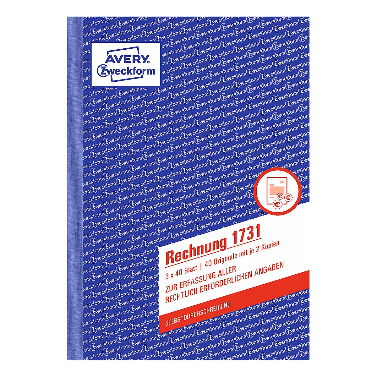 A book with the Avery Zweckform logo. The red field says 'Rechnung 1731'. Further information below.