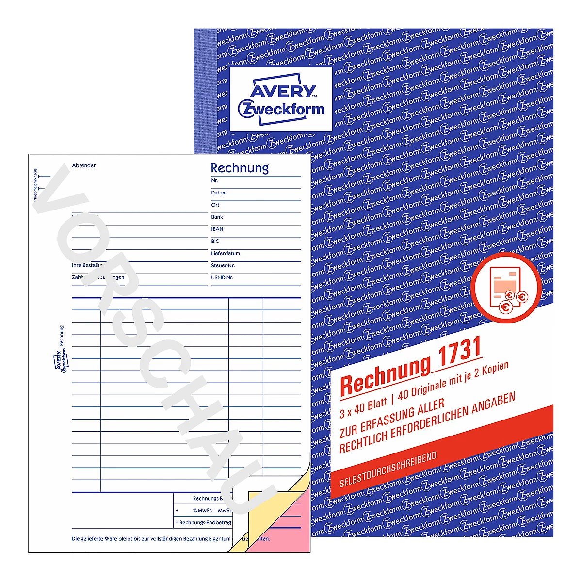 Invoice pad with Avery Zweckform logo and lettering in German. The product shows a blue and white design with red lettering.