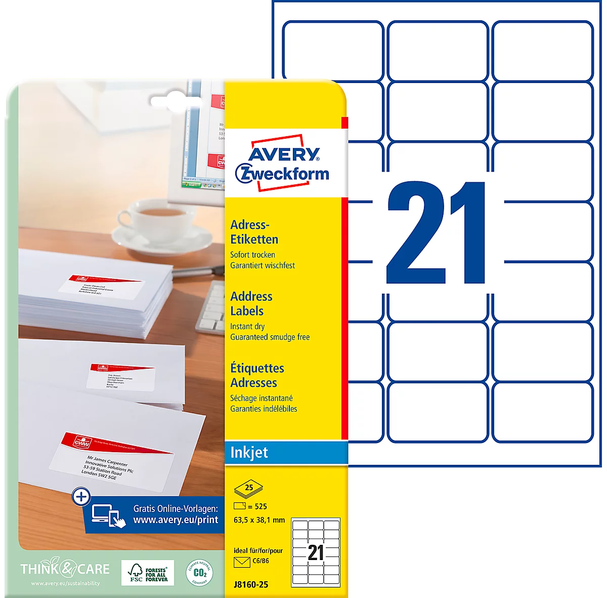 Avery Zweckform J8160-25 Adress-Etiketten, 63,5 x 38,1 mm, DP INTERNETMARKE geeignet