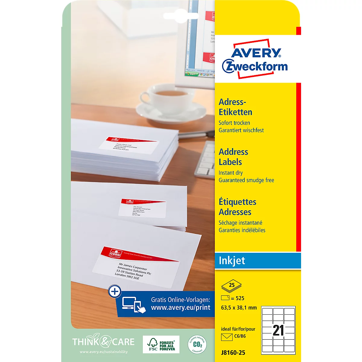 Avery Zweckform J8160-25 Adress-Etiketten, 63,5 x 38,1 mm, DP INTERNETMARKE geeignet