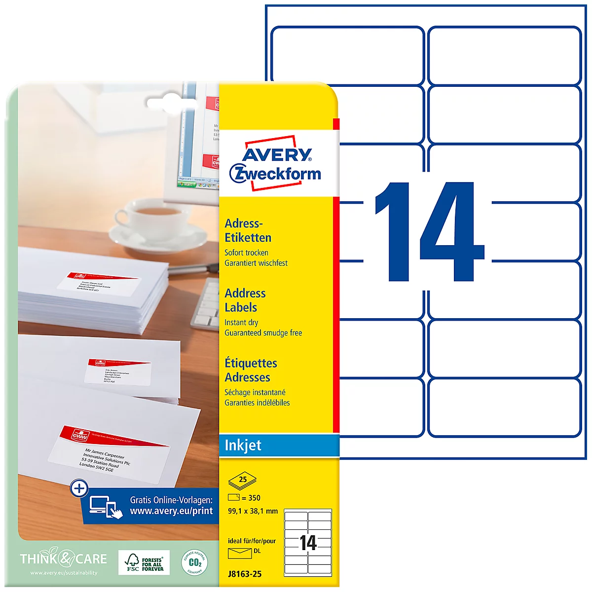 Avery Zweckform J8163-25 adresetiketten, 99,1 x 38,1 mm