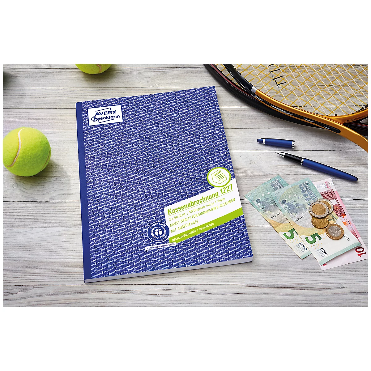 Avery® Zweckform Kassabon 1227, formaat A4, BTW-kolom, met invulhulp en doorschrijfkopieën, Blaue Engel, wit-geel, 2 x 50 vel