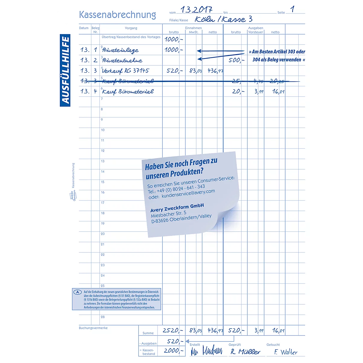 Avery® Zweckform Kassenabrechnung 1227, Format A4, Mehrwertsteuer-Spalte, mit Ausfüllhilfe & Durchschlägen, Blauer Engel, weiß-gelb, 2 x 50 Blatt