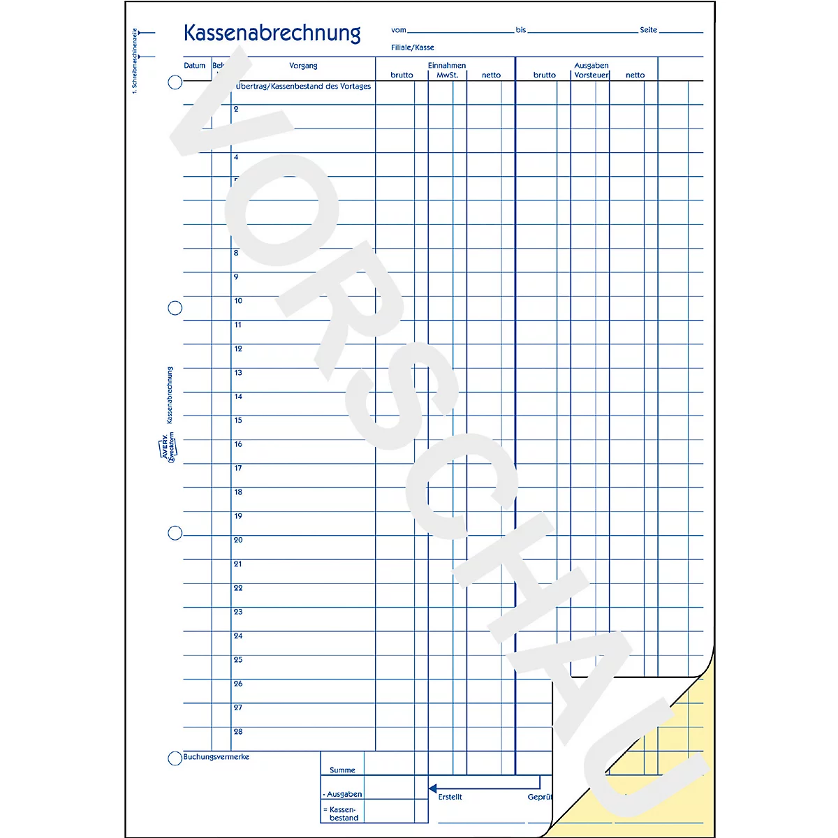 Avery® Zweckform Kassenabrechnung 1227, Format A4, Mehrwertsteuer-Spalte, mit Ausfüllhilfe & Durchschlägen, Blauer Engel, weiß-gelb, 2 x 50 Blatt