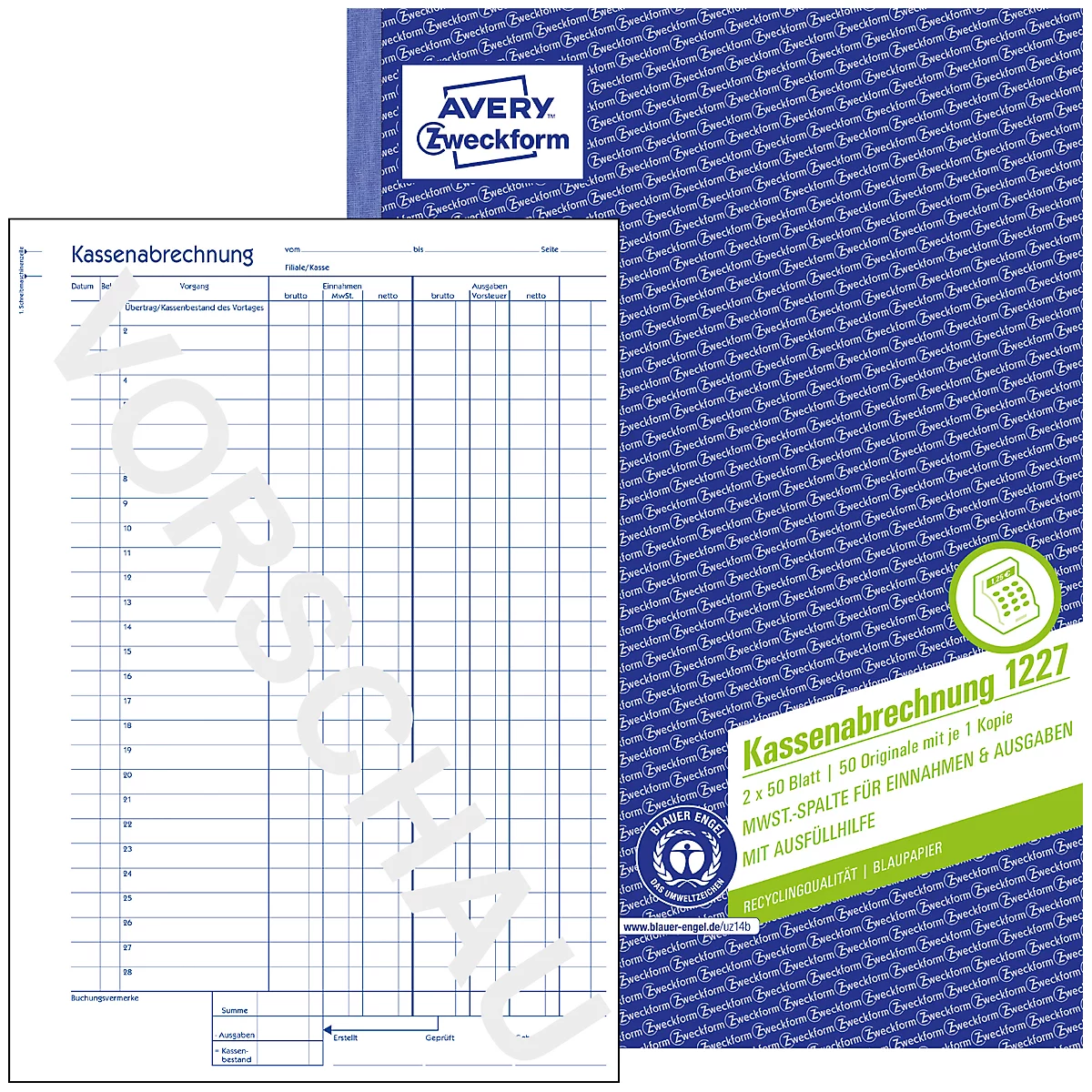 Avery® Zweckform Kassenabrechnung 1227, Format A4, Mehrwertsteuer-Spalte, mit Ausfüllhilfe & Durchschlägen, Blauer Engel, weiß-gelb, 2 x 50 Blatt