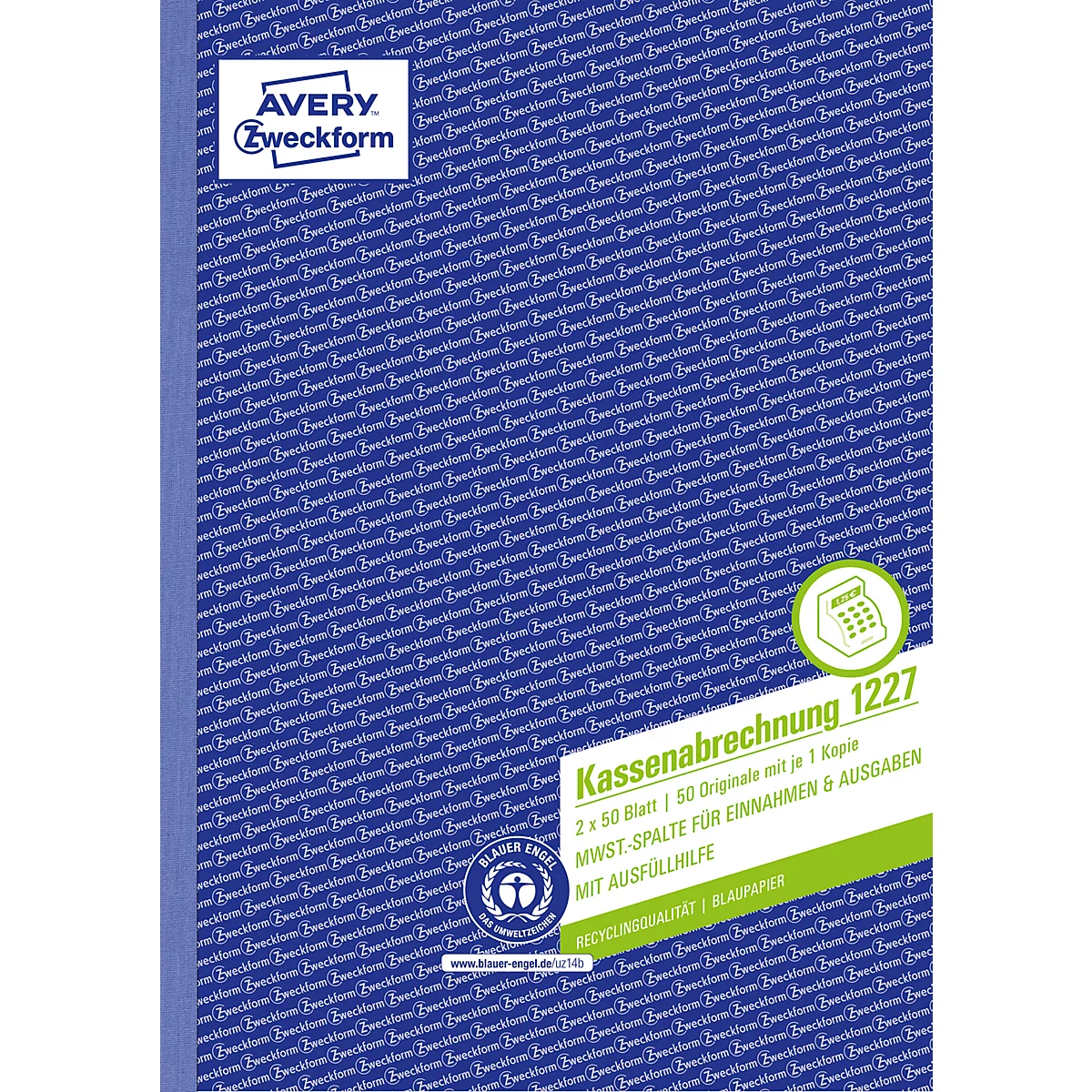 Avery® Zweckform Kassenabrechnung 1227, Format A4, Mehrwertsteuer-Spalte, mit Ausfüllhilfe & Durchschlägen, Blauer Engel, weiß-gelb, 2 x 50 Blatt