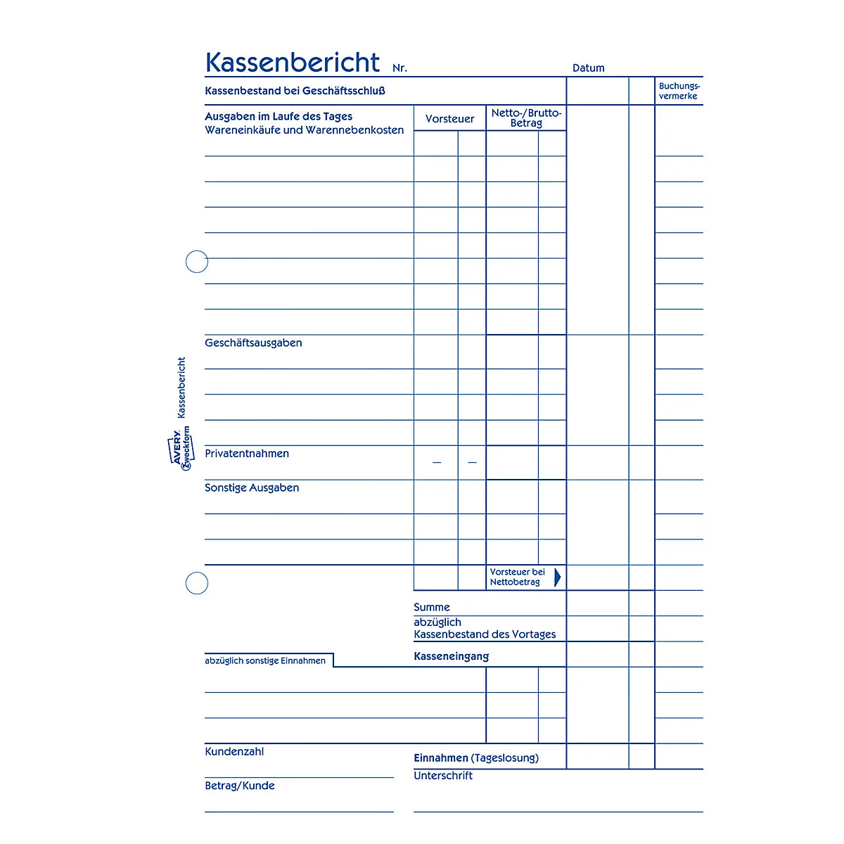 Avery® Zweckform Kassenbericht 1265, Format A5, mit Ausfüllhilfe, ohne Durchschläge, perforiert & gelocht, Blauer Engel, weiß, 1 Buch mit 50 Blatt