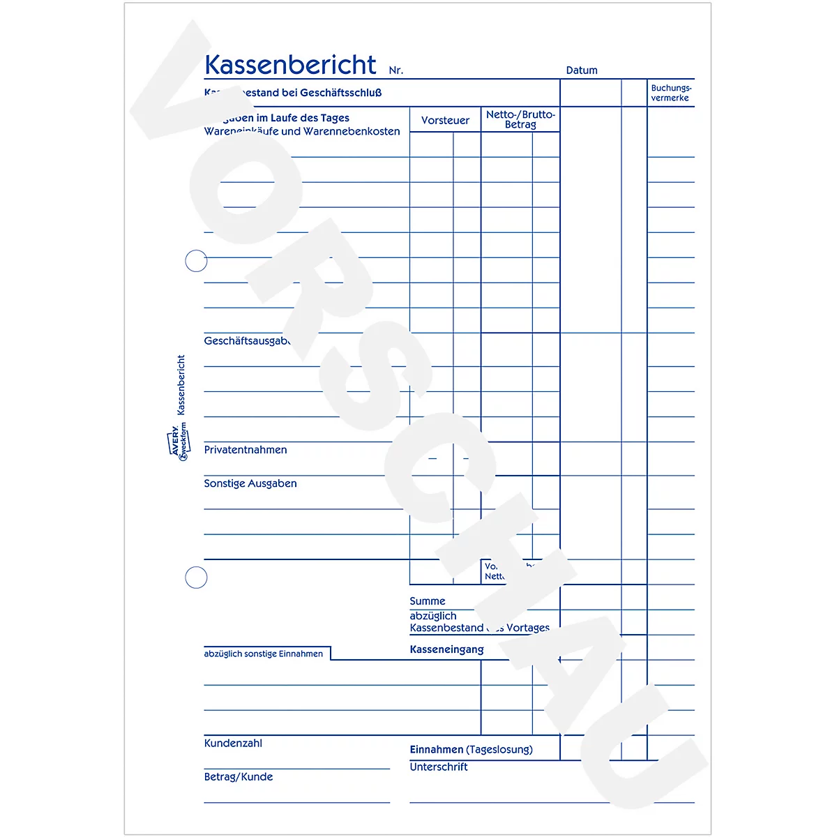 Avery® Zweckform Kassenbericht 1265, Format A5, mit Ausfüllhilfe, ohne Durchschläge, perforiert & gelocht, Blauer Engel, weiß, 1 Buch mit 50 Blatt
