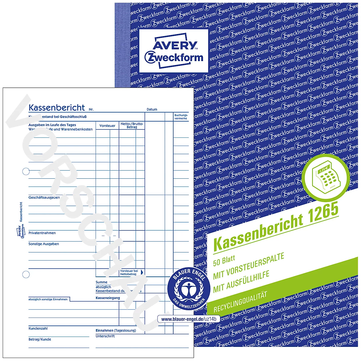 Avery® Zweckform Kassenbericht 1265, Format A5, mit Ausfüllhilfe, ohne Durchschläge, perforiert & gelocht, Blauer Engel, weiß, 1 Buch mit 50 Blatt