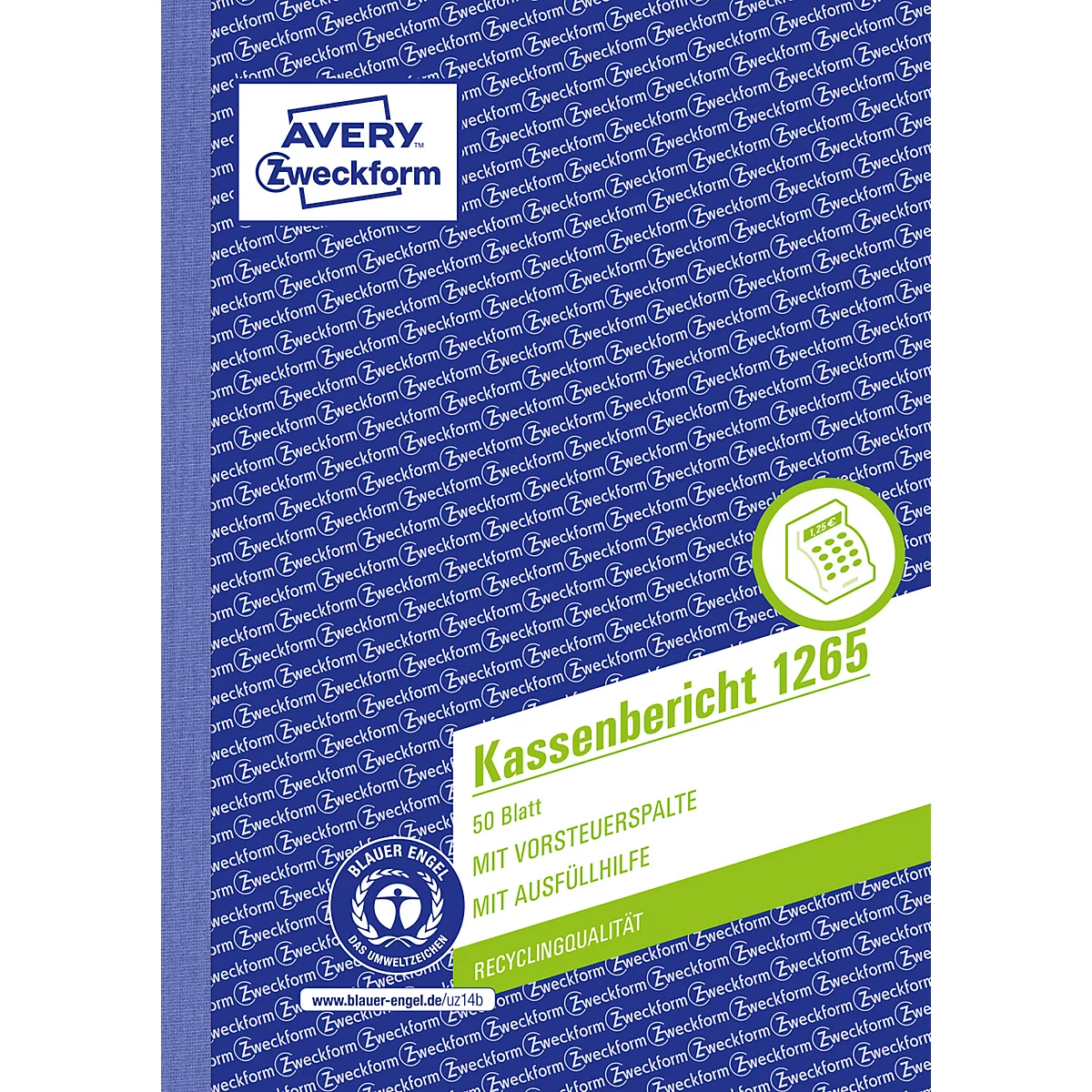 Avery® Zweckform Kassenbericht 1265, Format A5, mit Ausfüllhilfe, ohne Durchschläge, perforiert & gelocht, Blauer Engel, weiß, 1 Buch mit 50 Blatt