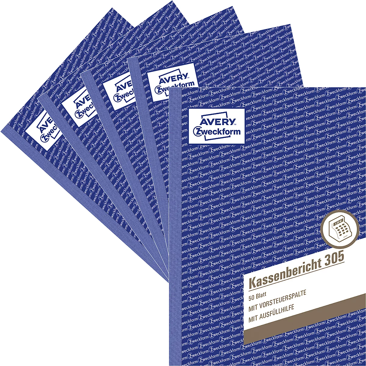 Avery® Zweckform Kassenbericht 305-5, A5 Hochformat, mit Ausfüllhilfe, ohne Durchschläge, perforiert & gelocht, Papier, weiß, 5 Bücher mit 50 Blatt