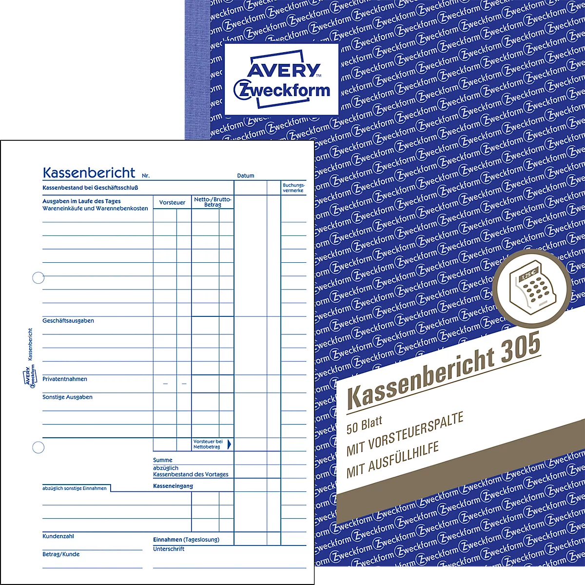 Avery® Zweckform Kassenbericht 305-5, A5 Hochformat, mit Ausfüllhilfe, ohne Durchschläge, perforiert & gelocht, Papier, weiß, 5 Bücher mit 50 Blatt