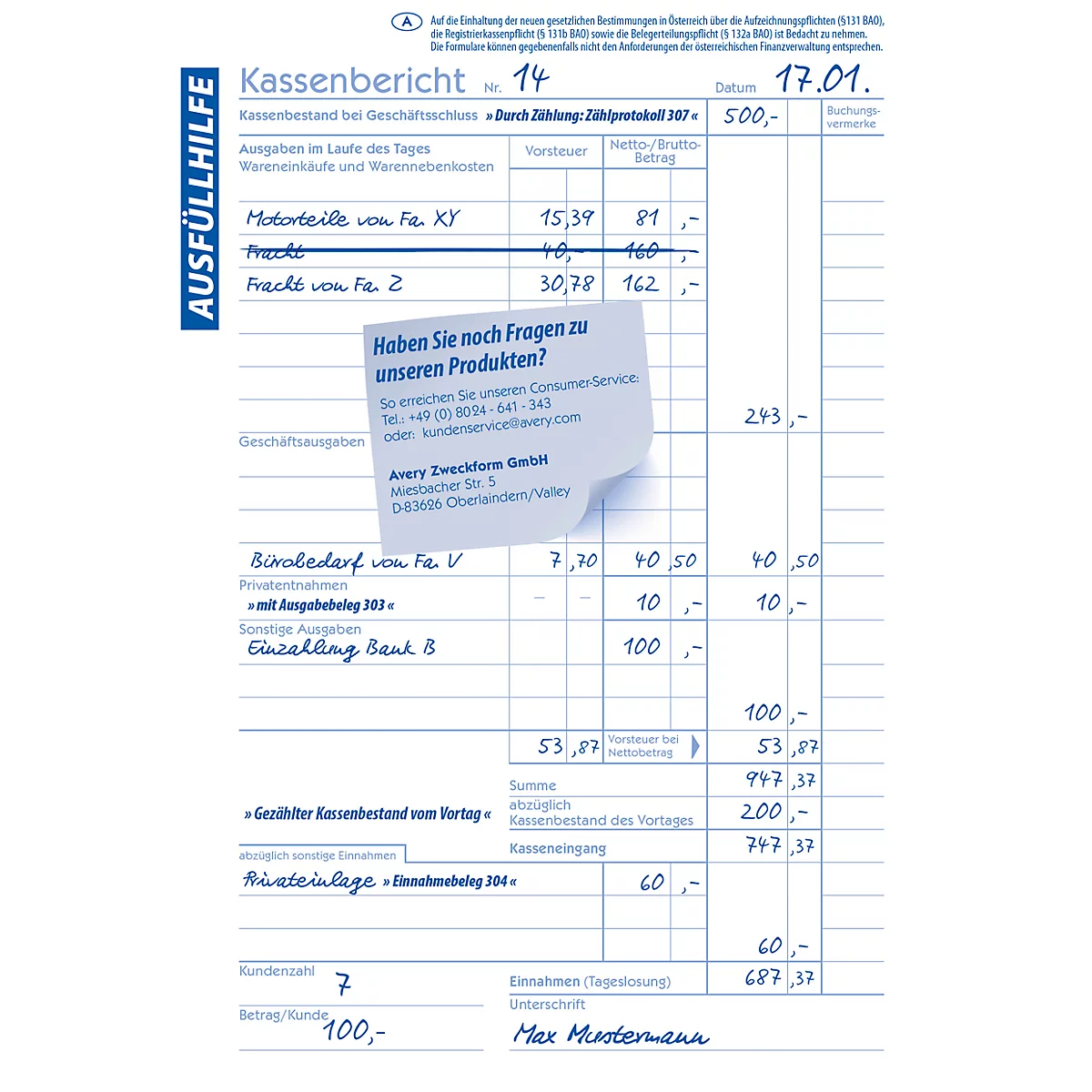 Avery® Zweckform Kassenbericht 305-5, A5 Hochformat, mit Ausfüllhilfe, ohne Durchschläge, perforiert & gelocht, Papier, weiß, 5 Bücher mit 50 Blatt