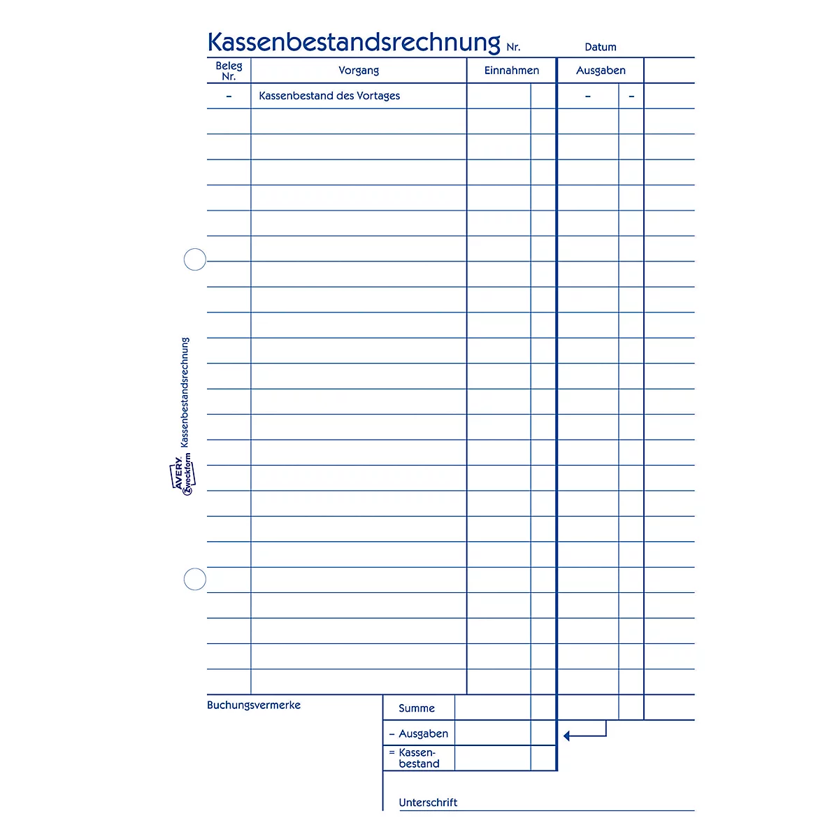 Avery® Zweckform Kassenbestandsrechnung 1218, A5, mit Ausfüllhilfe, ohne Durchschläge, perforiert & gelocht, Blauer Engel, weiß, 1 Buch mit 50 Blatt