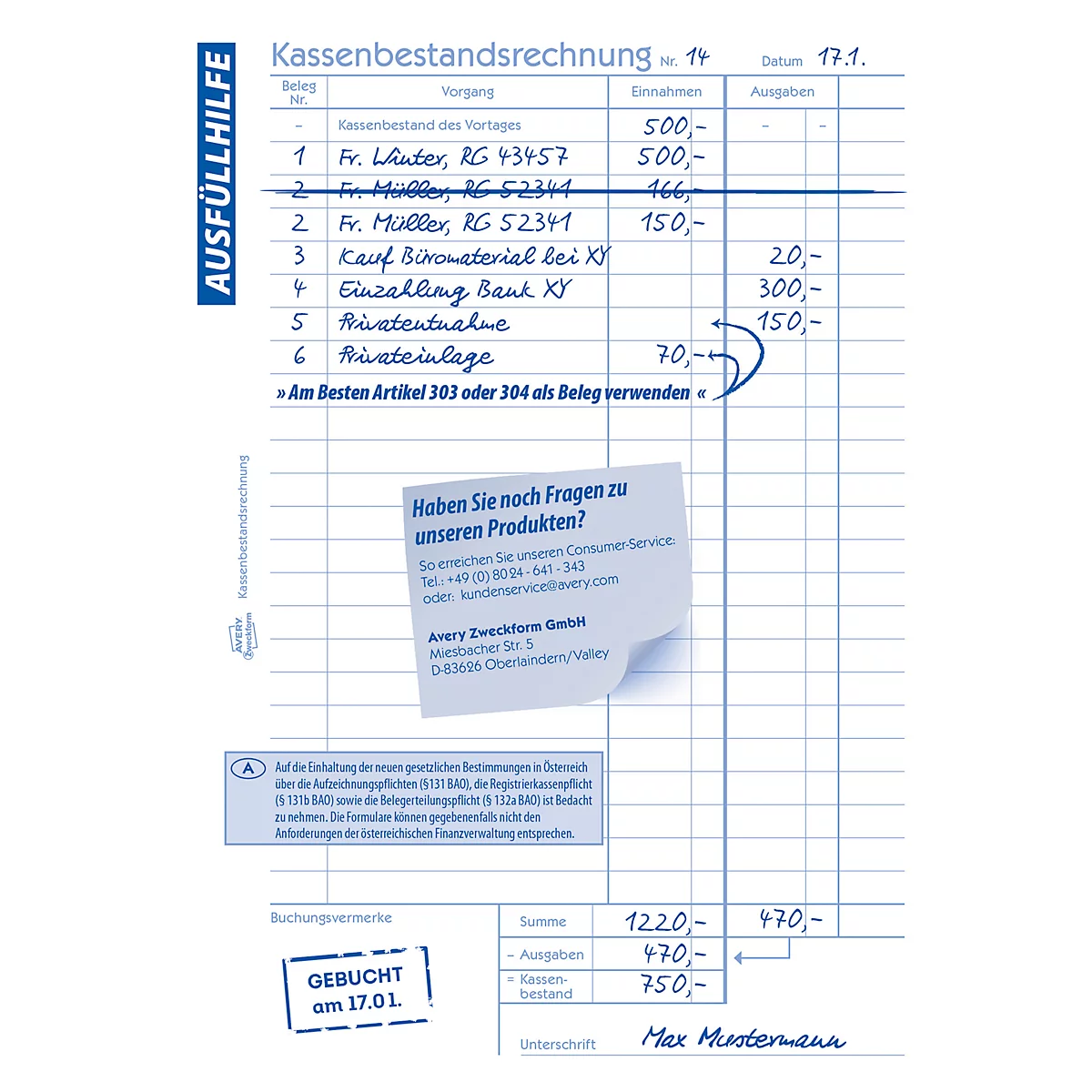 Avery® Zweckform Kassenbestandsrechnung 1218, A5, mit Ausfüllhilfe, ohne Durchschläge, perforiert & gelocht, Blauer Engel, weiß, 1 Buch mit 50 Blatt