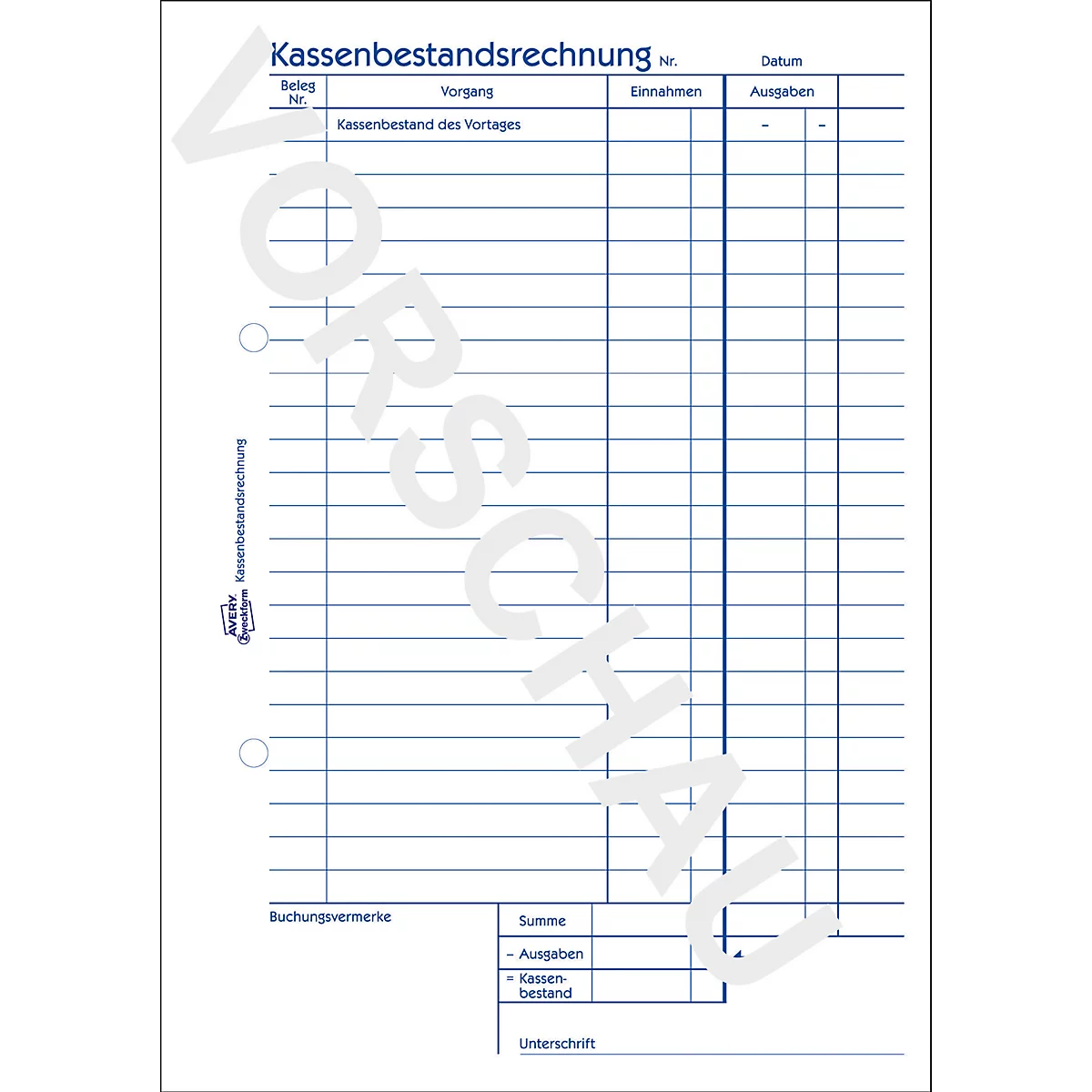 Avery® Zweckform Kassenbestandsrechnung 1218, A5, mit Ausfüllhilfe, ohne Durchschläge, perforiert & gelocht, Blauer Engel, weiß, 1 Buch mit 50 Blatt