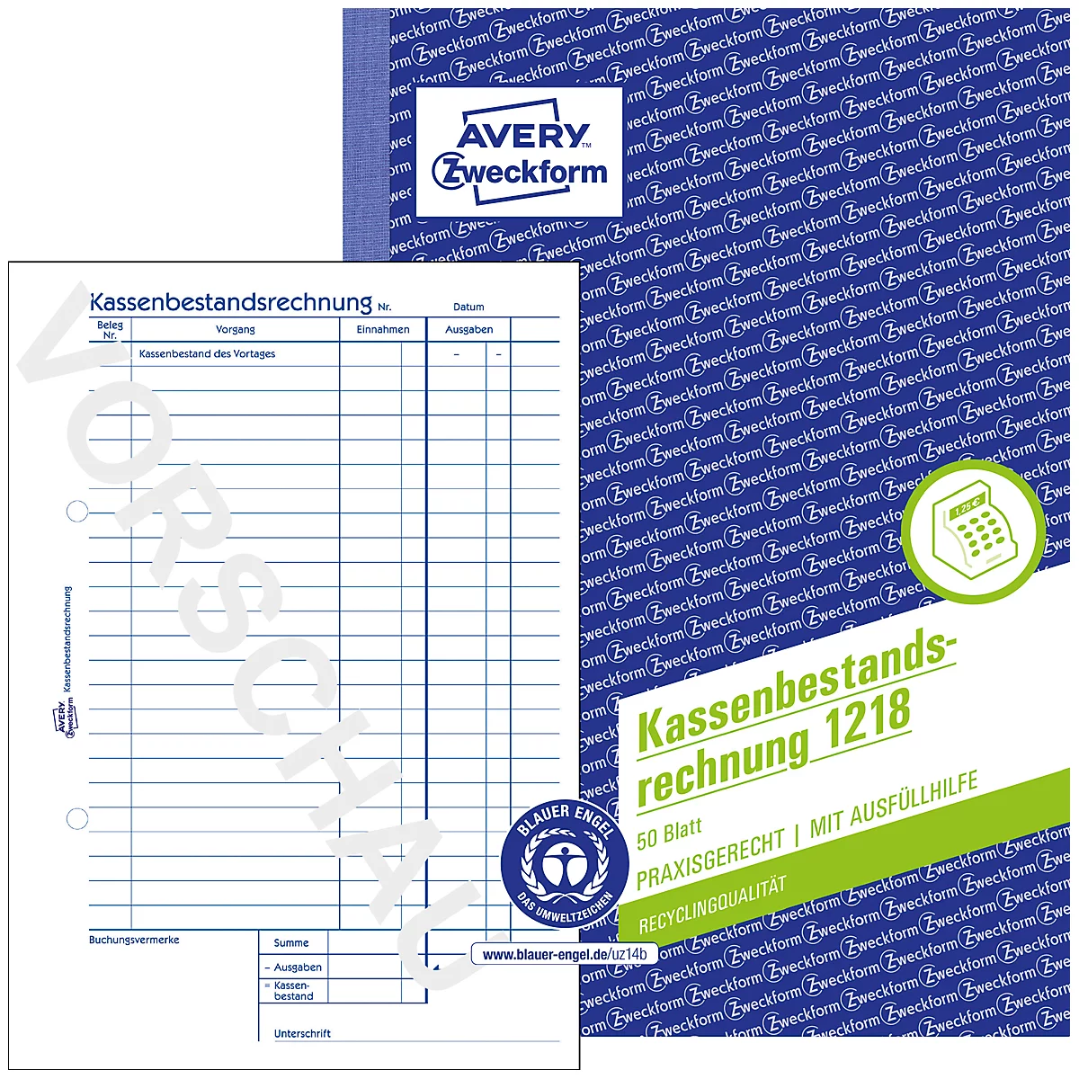 Avery® Zweckform Kassenbestandsrechnung 1218, A5, mit Ausfüllhilfe, ohne Durchschläge, perforiert & gelocht, Blauer Engel, weiß, 1 Buch mit 50 Blatt
