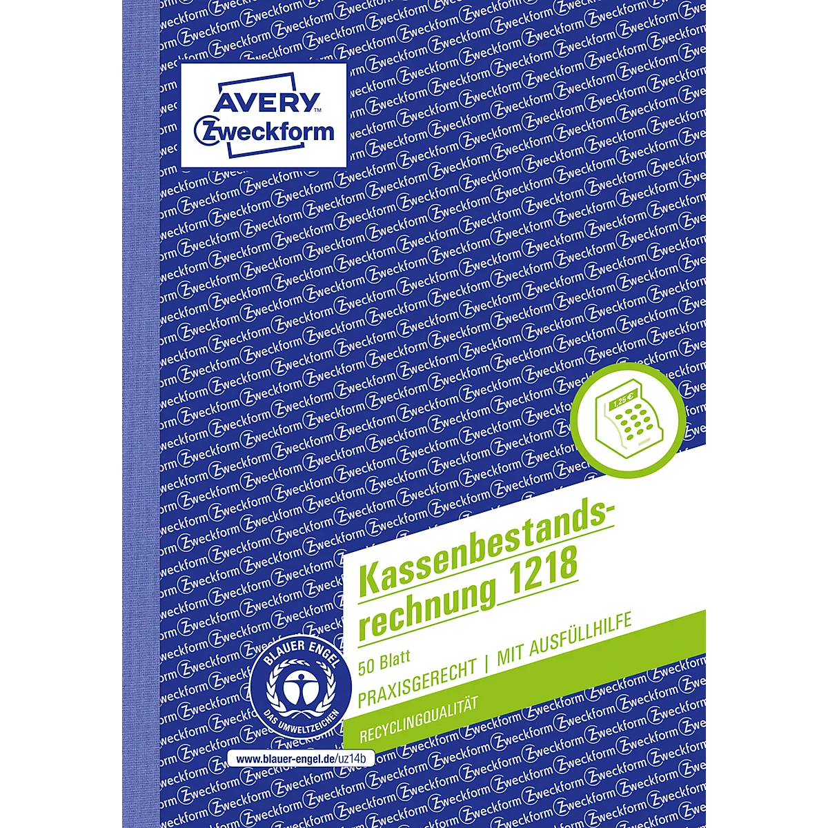 Avery® Zweckform Kassenbestandsrechnung 1218, A5, mit Ausfüllhilfe, ohne Durchschläge, perforiert & gelocht, Blauer Engel, weiß, 1 Buch mit 50 Blatt